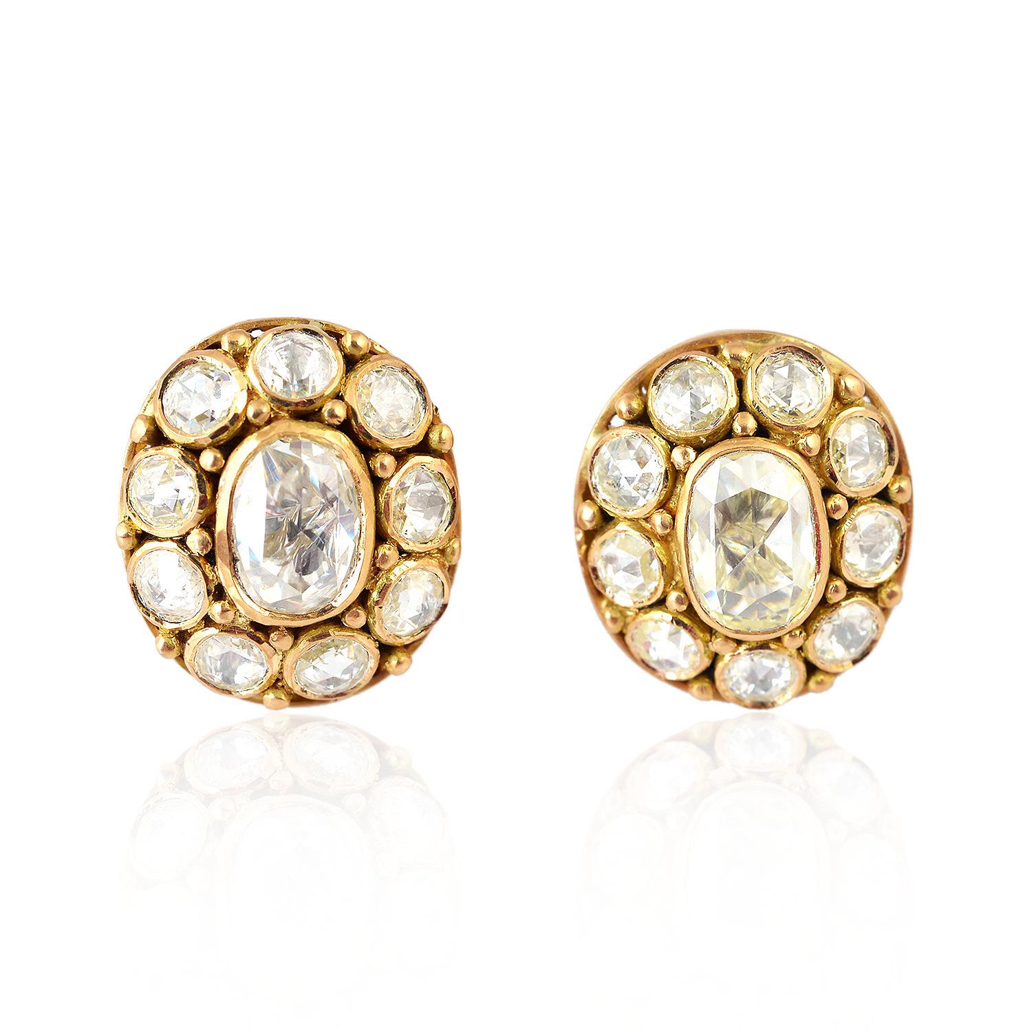 14 Karat Gold 2.13 Carat Rose Cut Diamond Stud Earrings In New Condition For Sale In Hoffman Estate, IL