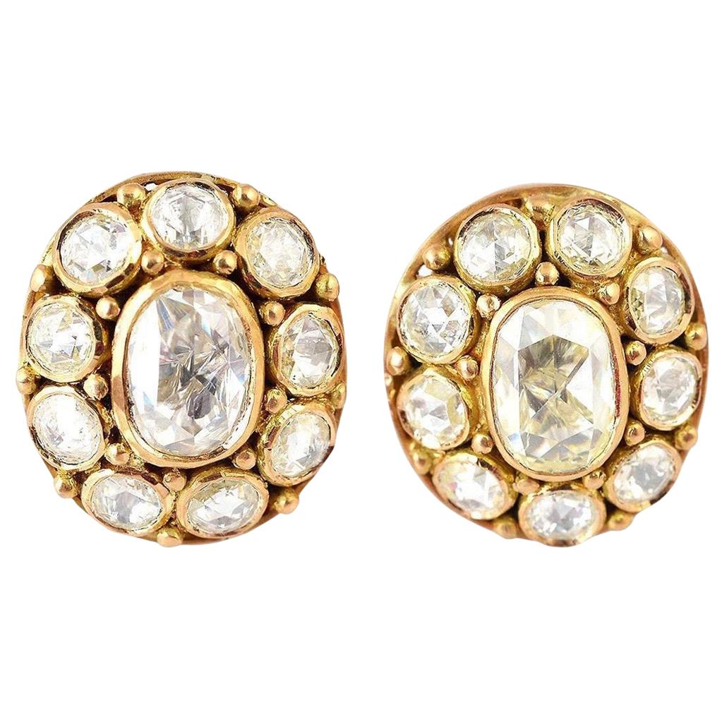 14 Karat Gold 2.13 Carat Rose Cut Diamond Stud Earrings For Sale