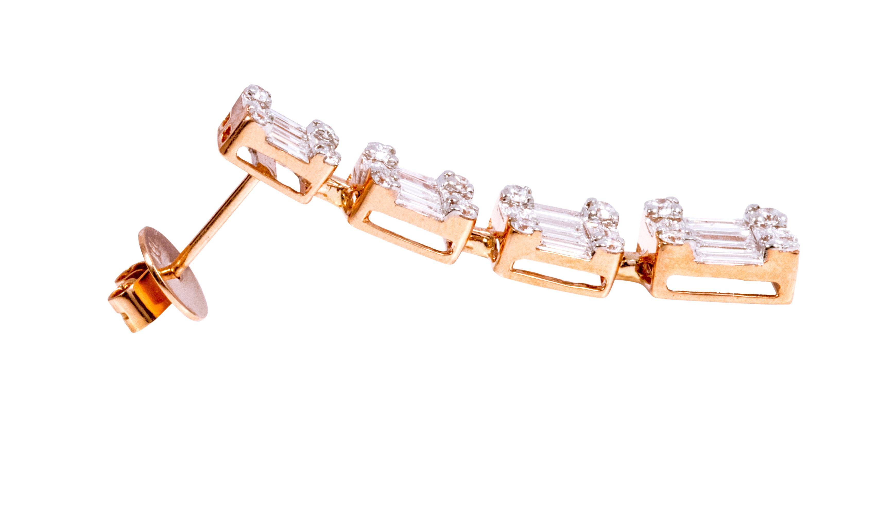 Baguette Cut 18 Karat Gold 2.13 Carats Diamond Drop Earrings in Graduation Style For Sale