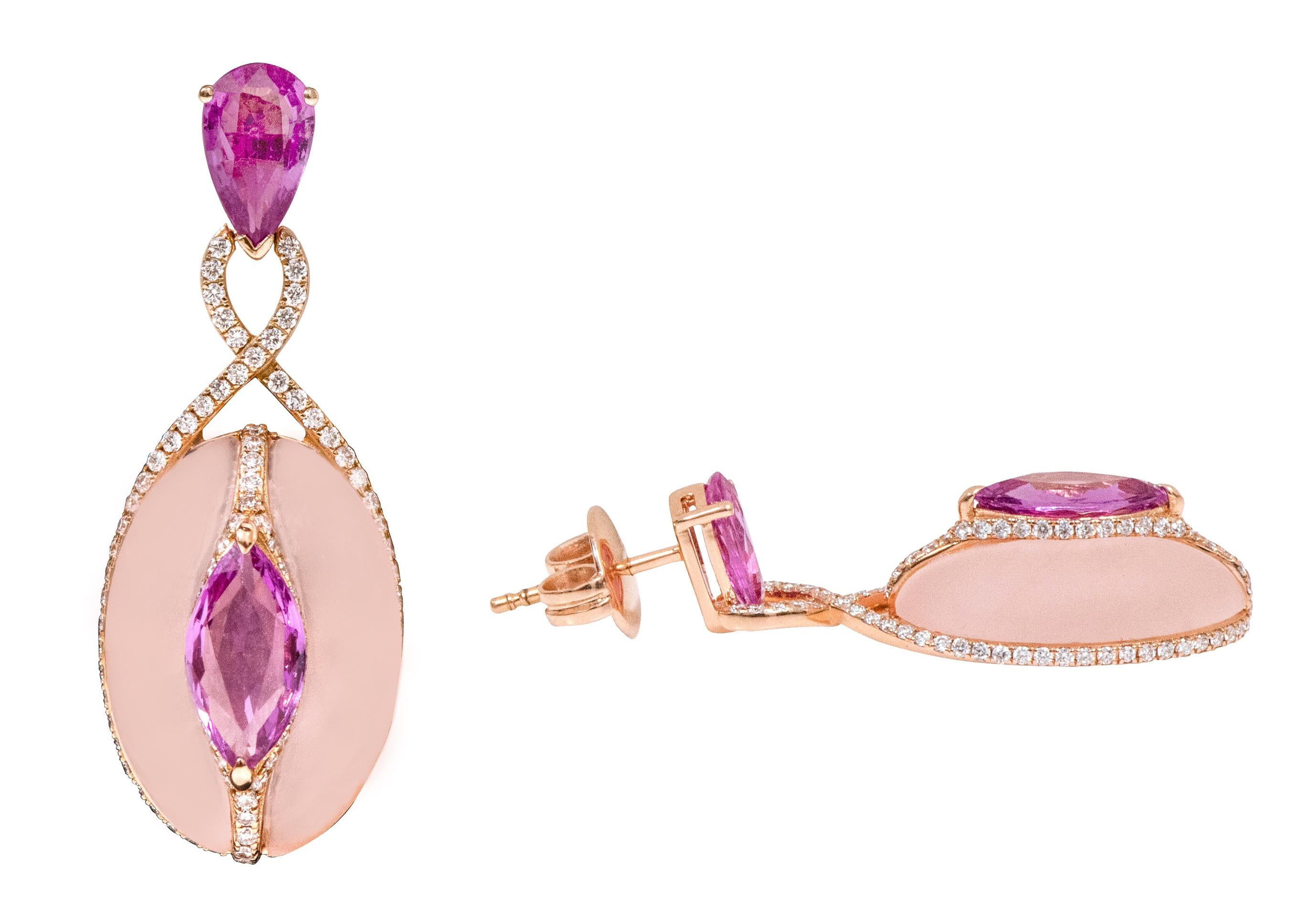 18 Karat Rose Gold 21.39 Carat Diamond, Pink Sapphire, and Rose Quartz Drop Earrings

This glorious vibrant pink sapphire and rose quartz mix concept earring is mesmerizing. The solitaire marquise shaped pink sapphire in the center is covered with a