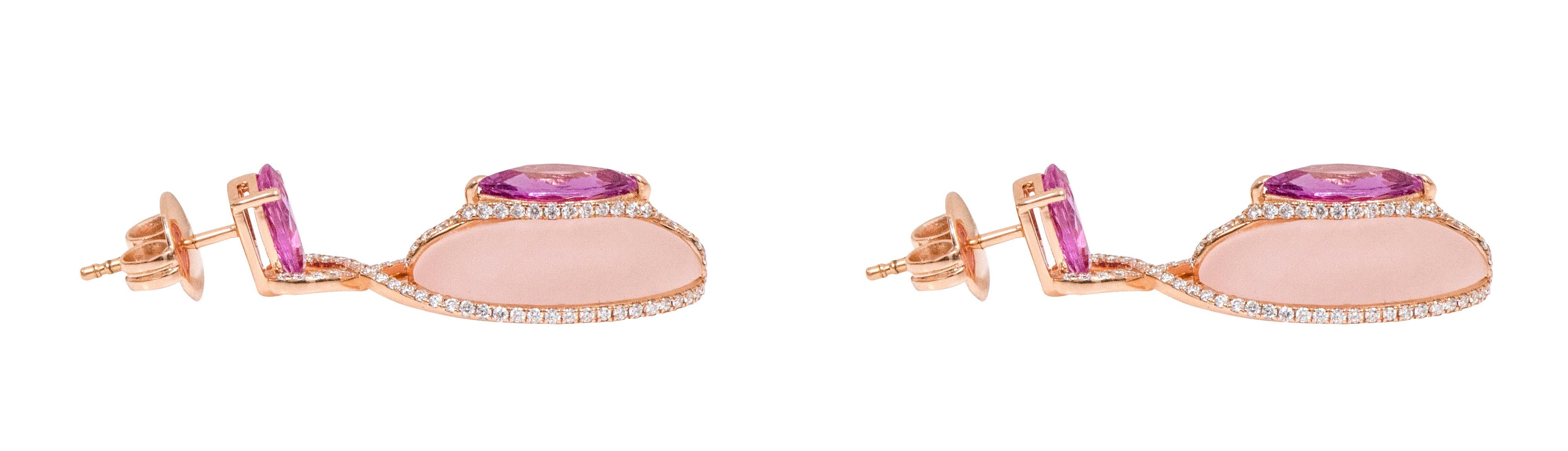 Modern 18 Karat Gold 21.39 Carat Diamond, Pink Sapphire, and Rose Quartz Drop Earrings For Sale