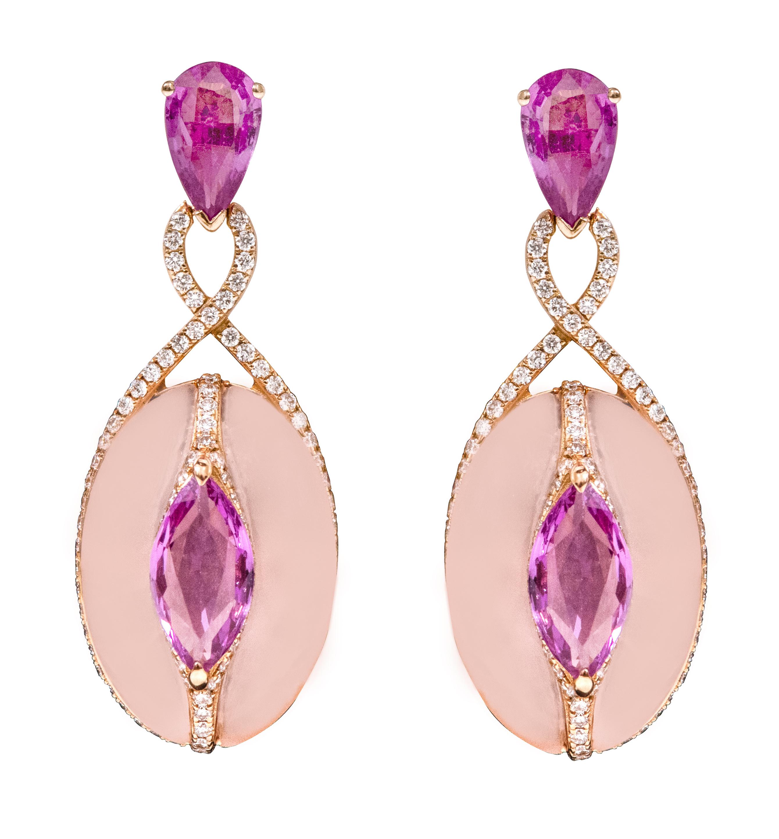 Marquise Cut 18 Karat Gold 21.39 Carat Diamond, Pink Sapphire, and Rose Quartz Drop Earrings For Sale