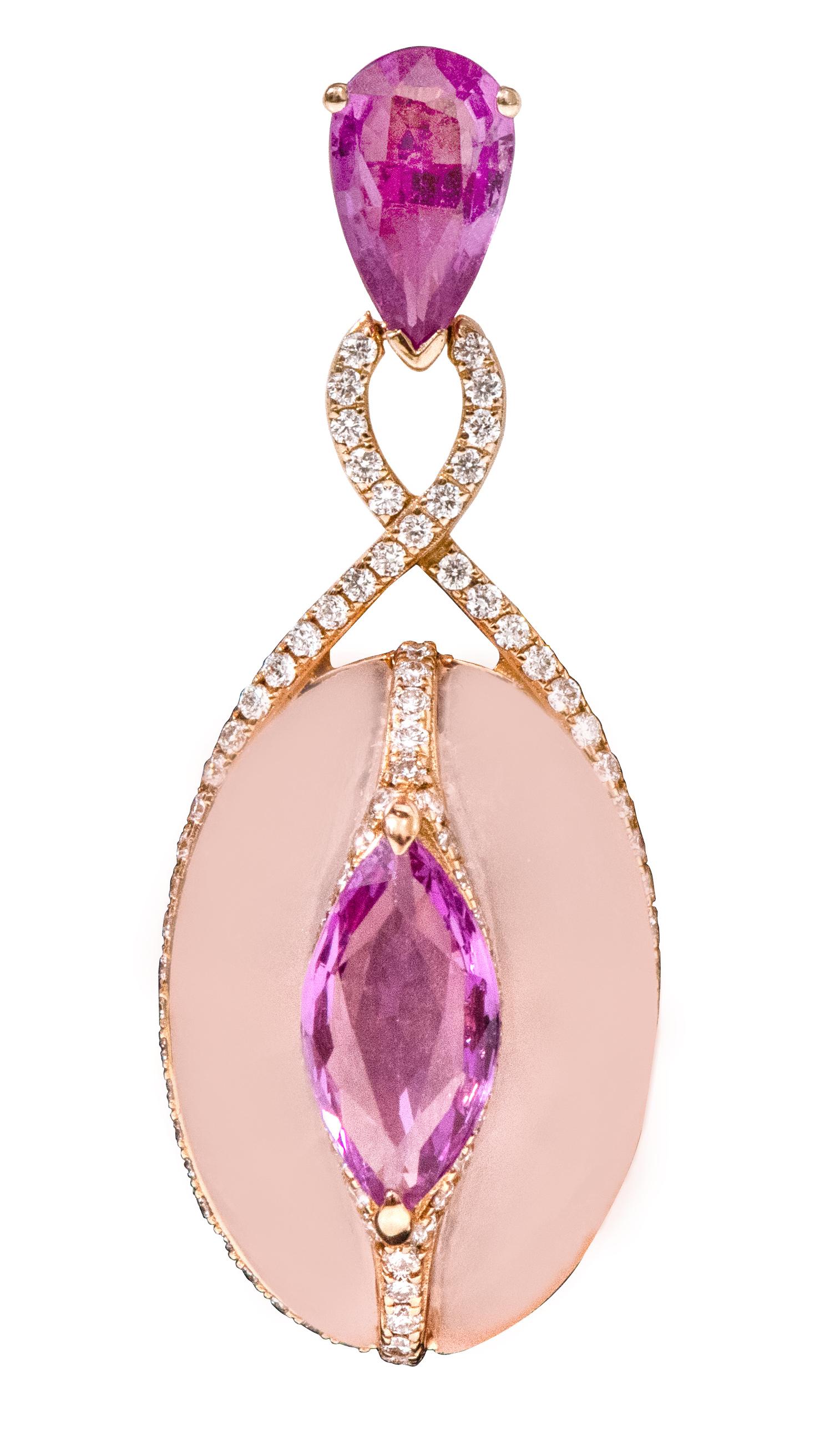 Women's 18 Karat Gold 21.39 Carat Diamond, Pink Sapphire, and Rose Quartz Drop Earrings For Sale