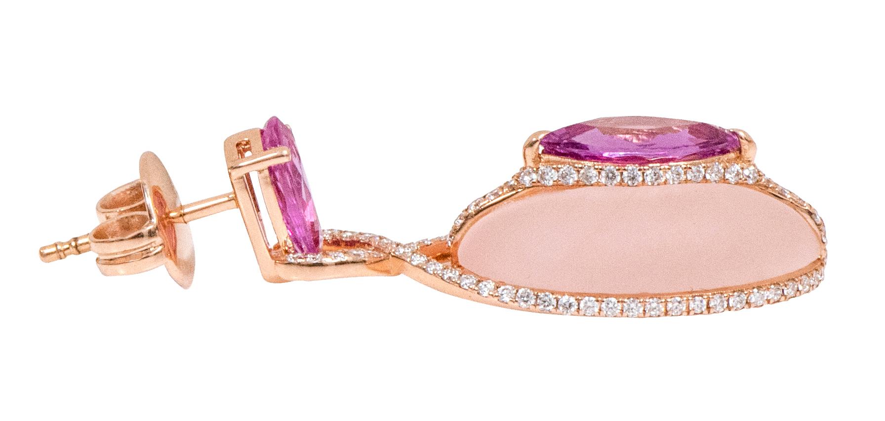 18 Karat Gold 21.39 Carat Diamond, Pink Sapphire, and Rose Quartz Drop Earrings For Sale 1