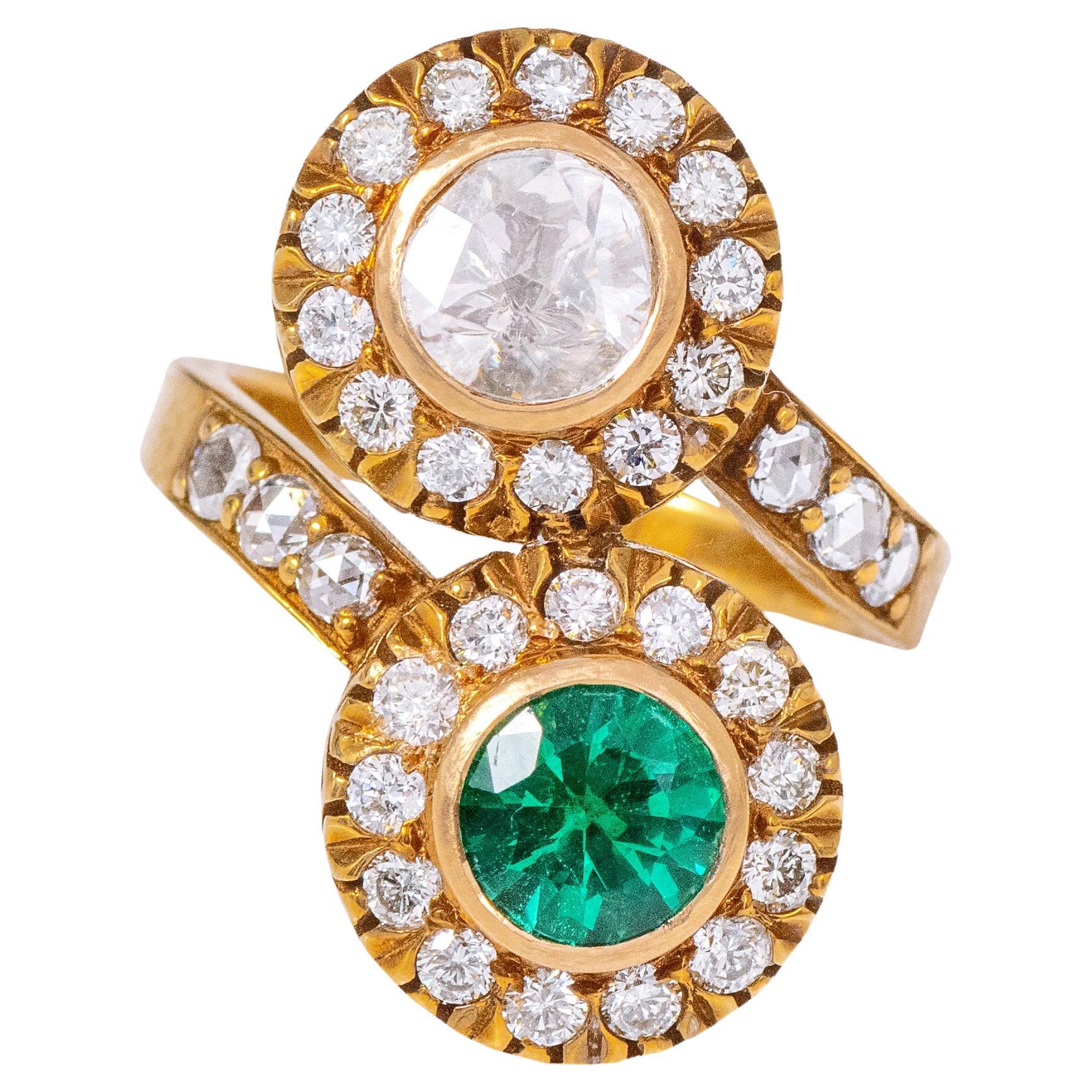 18 Karat Gold Ring mit 2,18 Karat Diamant und Smaragd im Art-déco-Stil