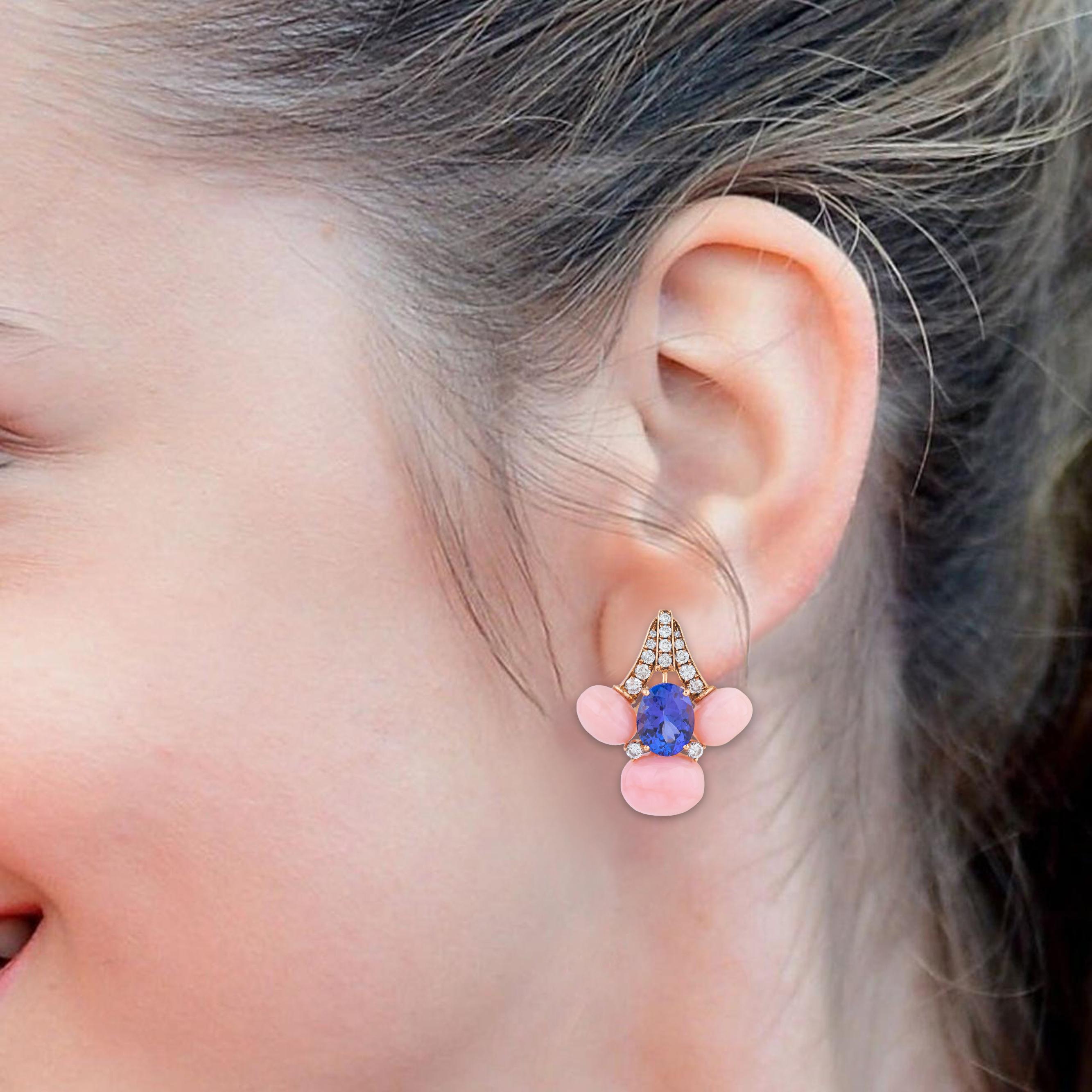 Contemporary 18 Karat Gold 22.5 Carat Diamond, Opal and Tanzanite Stud Earrings For Sale