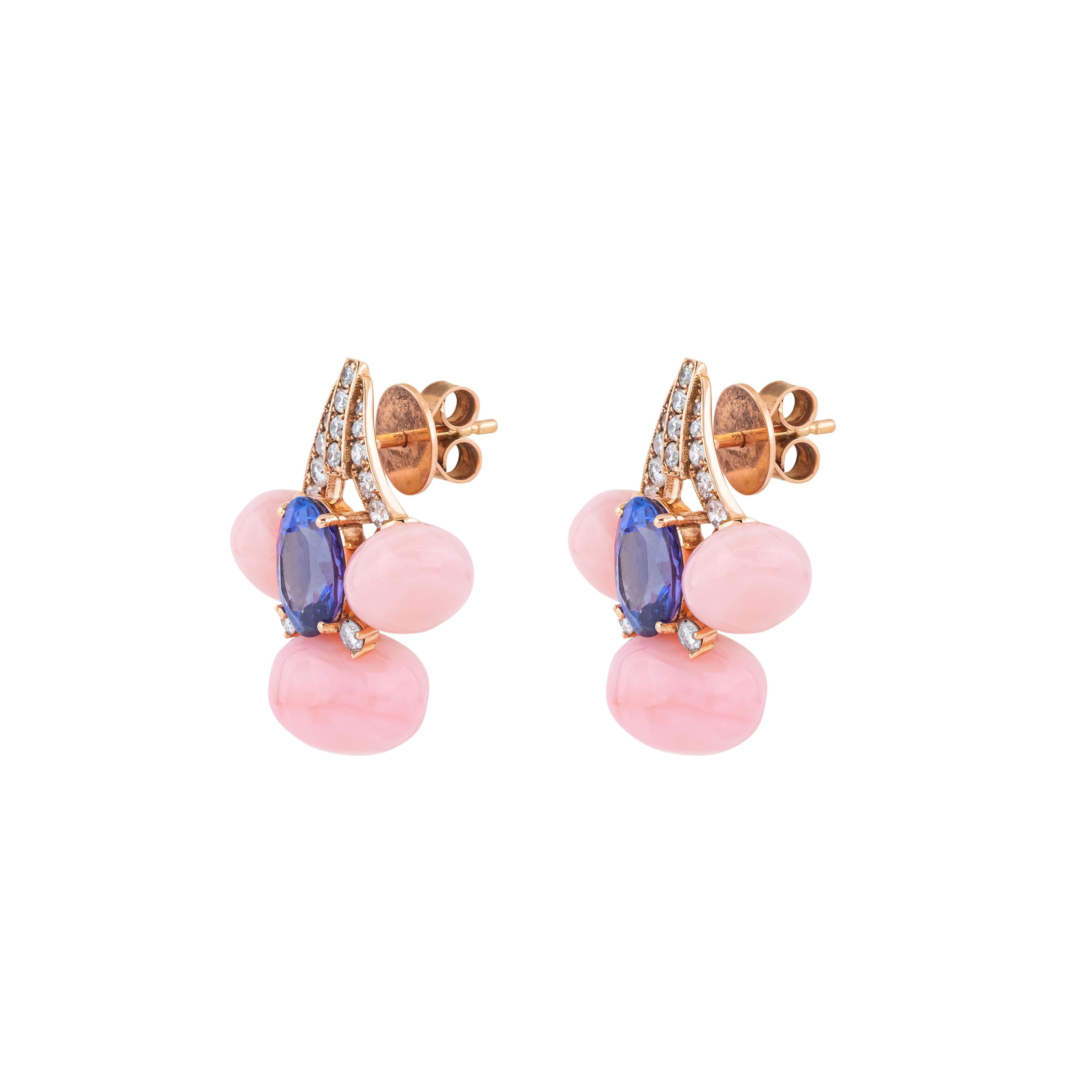 Brilliant Cut 18 Karat Gold 22.5 Carat Diamond, Opal and Tanzanite Stud Earrings For Sale
