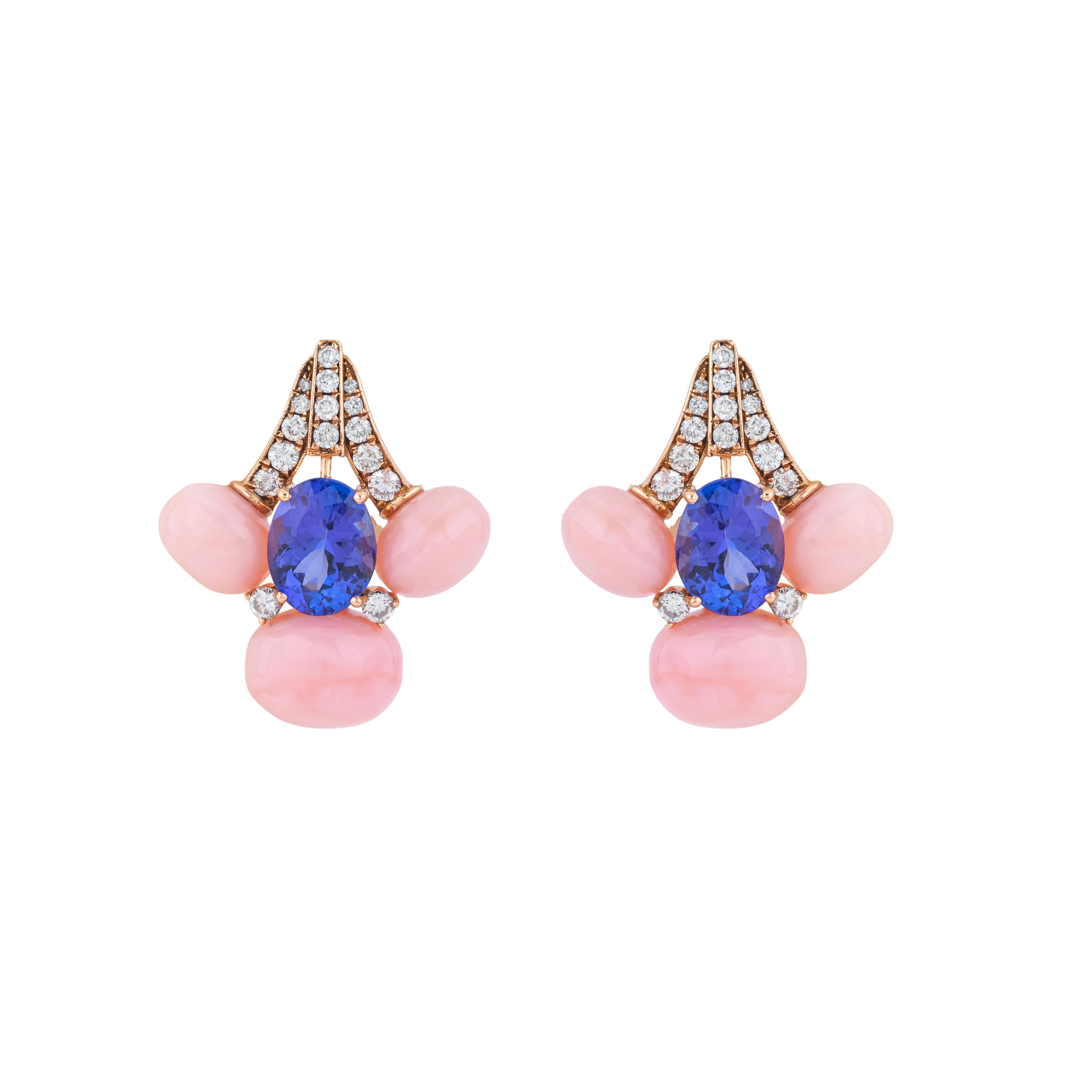 Women's 18 Karat Gold 22.5 Carat Diamond, Opal and Tanzanite Stud Earrings For Sale
