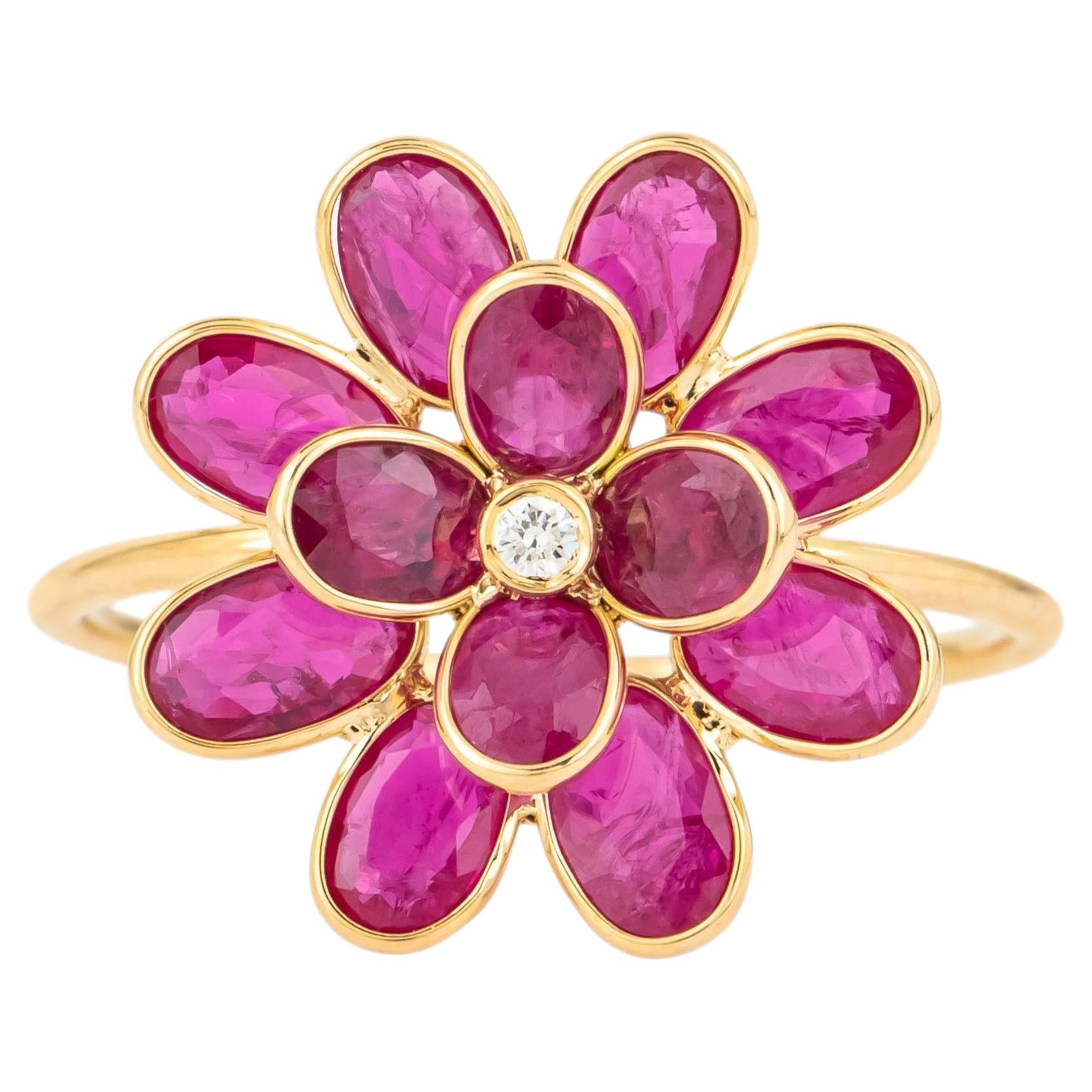 18 Karat Gold 2.32 Carat Diamond and Ruby Flower Ring