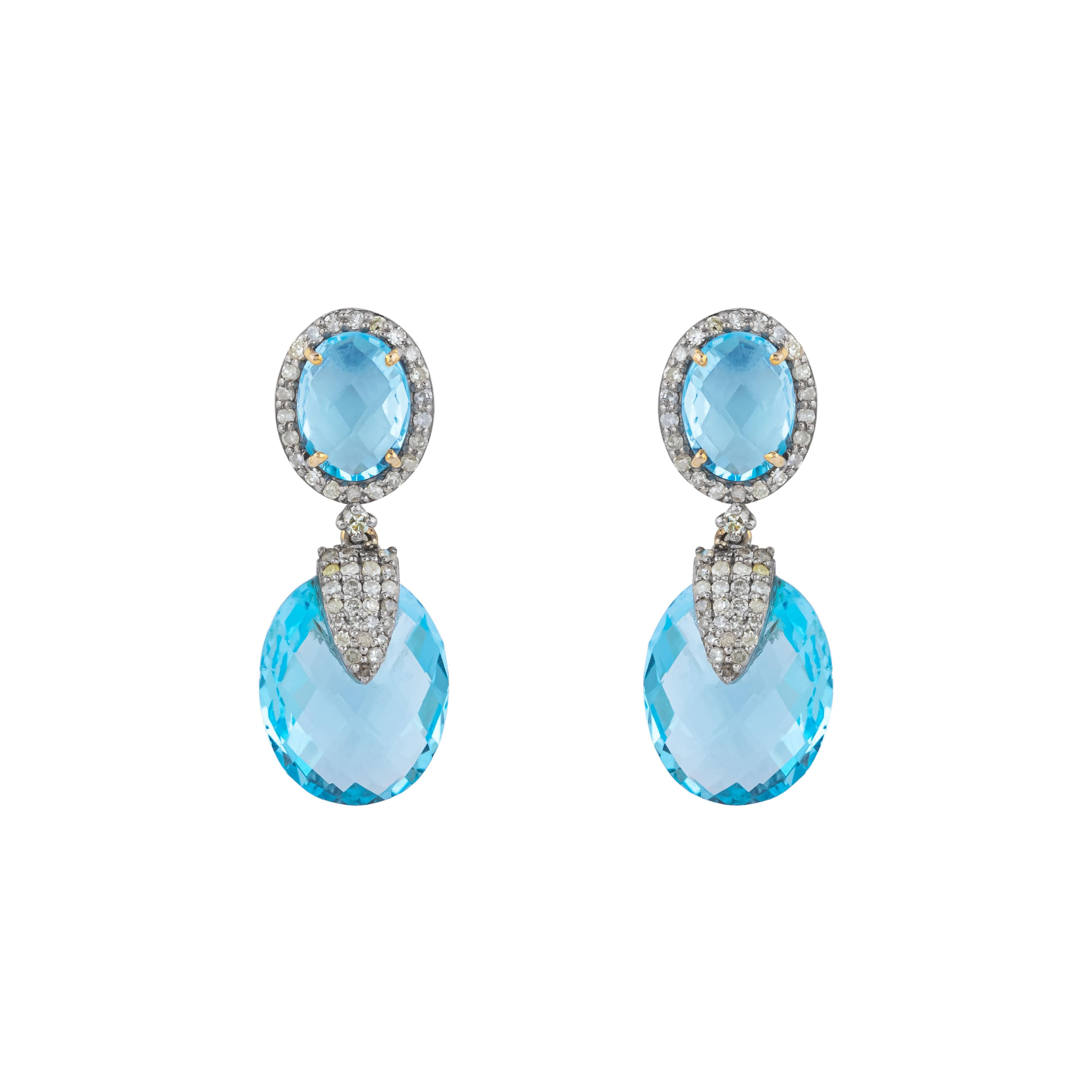 Women's 18 Karat Gold 23.25 Carat Diamond and Blue Topaz Drop Earrings For Sale