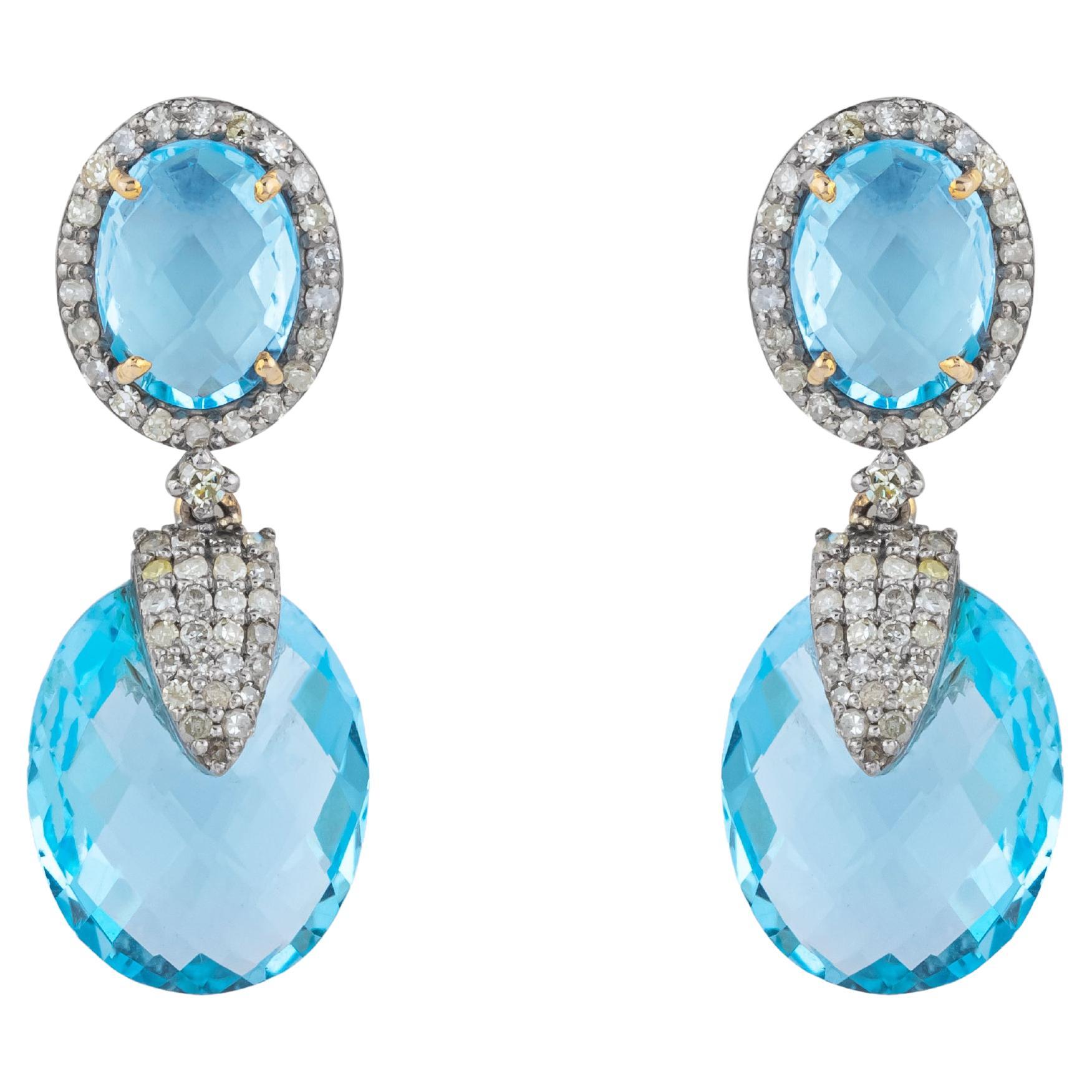 18 Karat Gold 23.25 Carat Diamond and Blue Topaz Drop Earrings For Sale