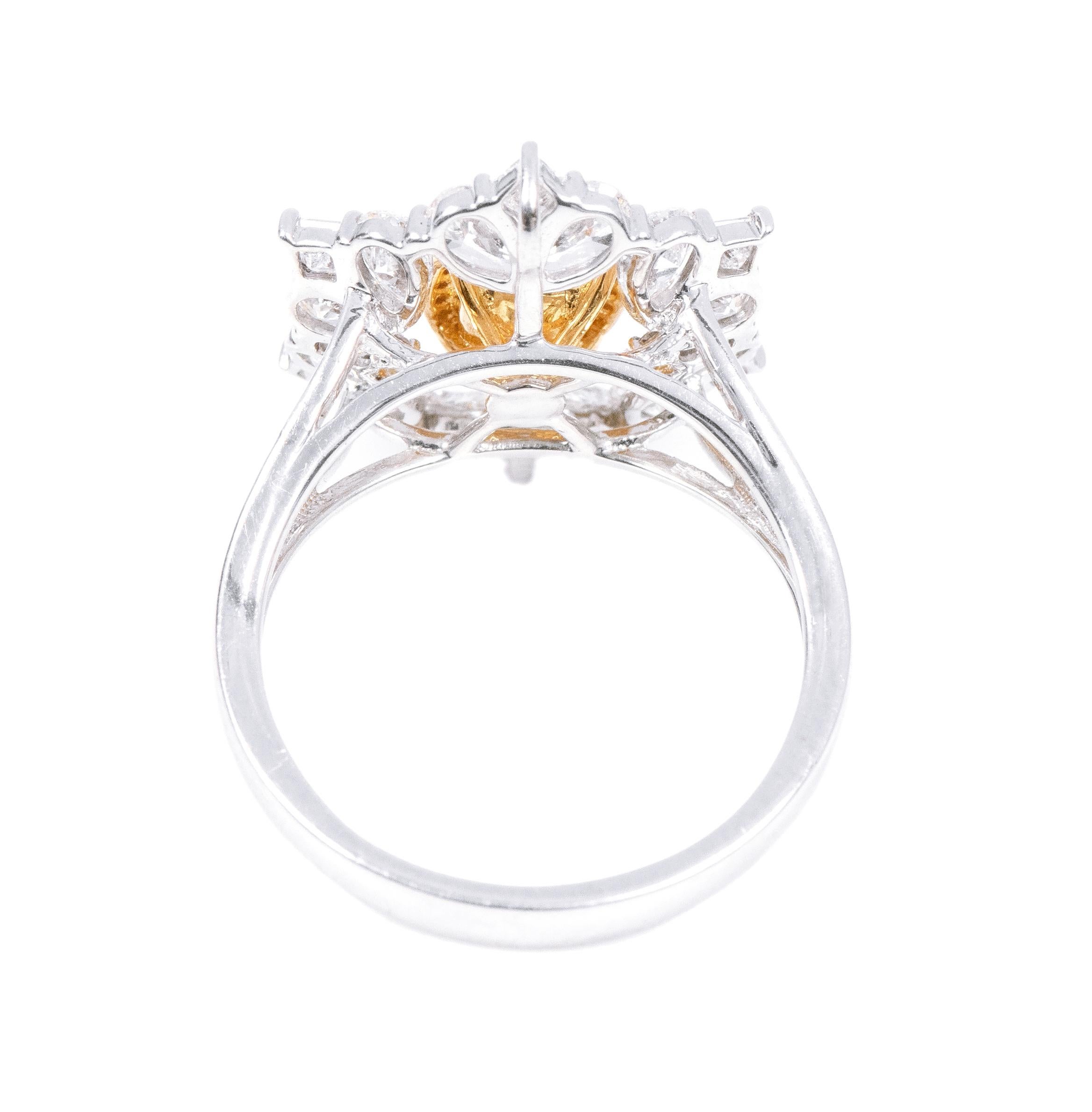 Contemporary 18 Karat Gold 2.33 Carat Fancy Yellow and Diamond Solitaire Cocktail Ring For Sale