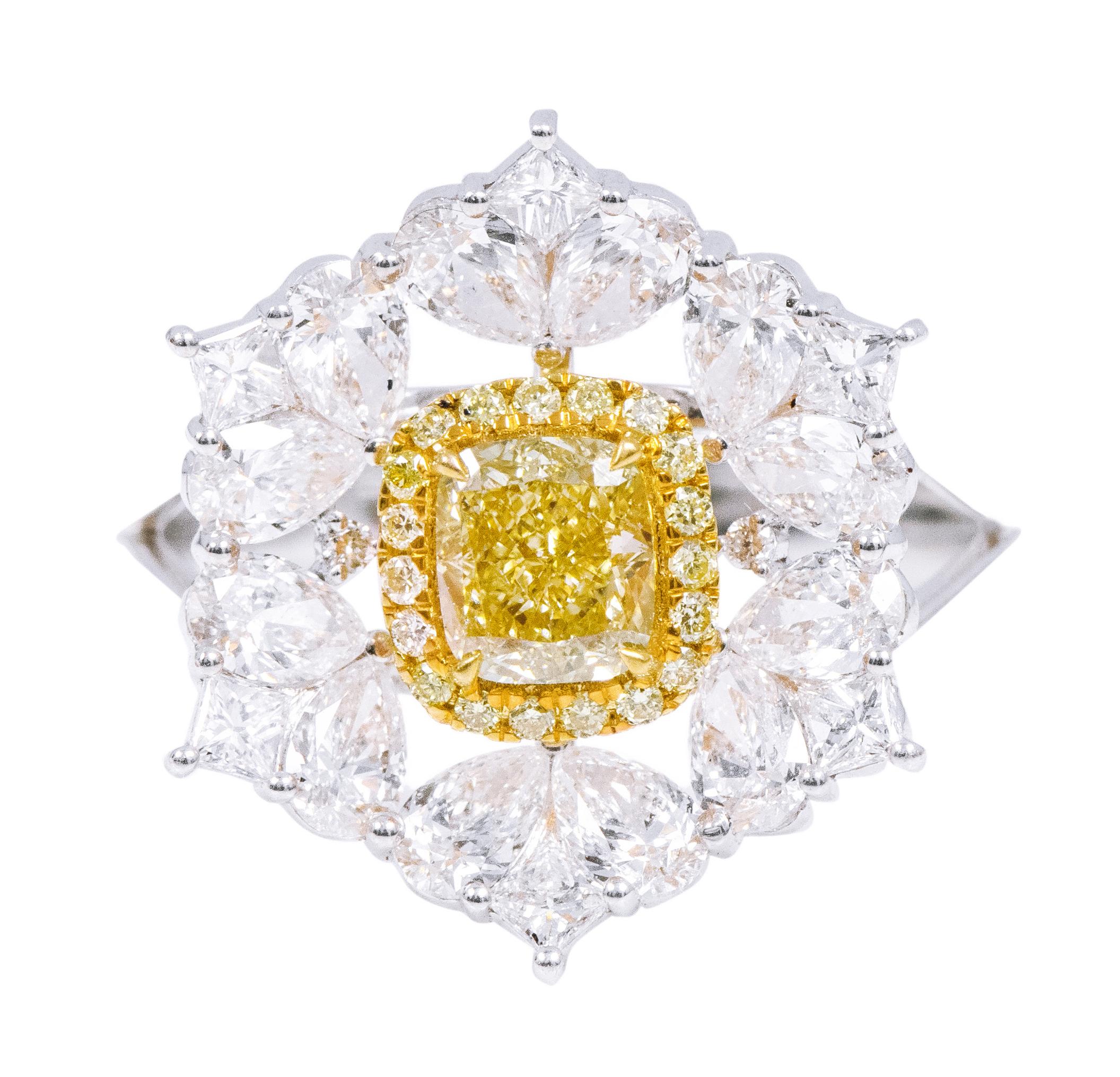 Cushion Cut 18 Karat Gold 2.33 Carat Fancy Yellow and Diamond Solitaire Cocktail Ring For Sale