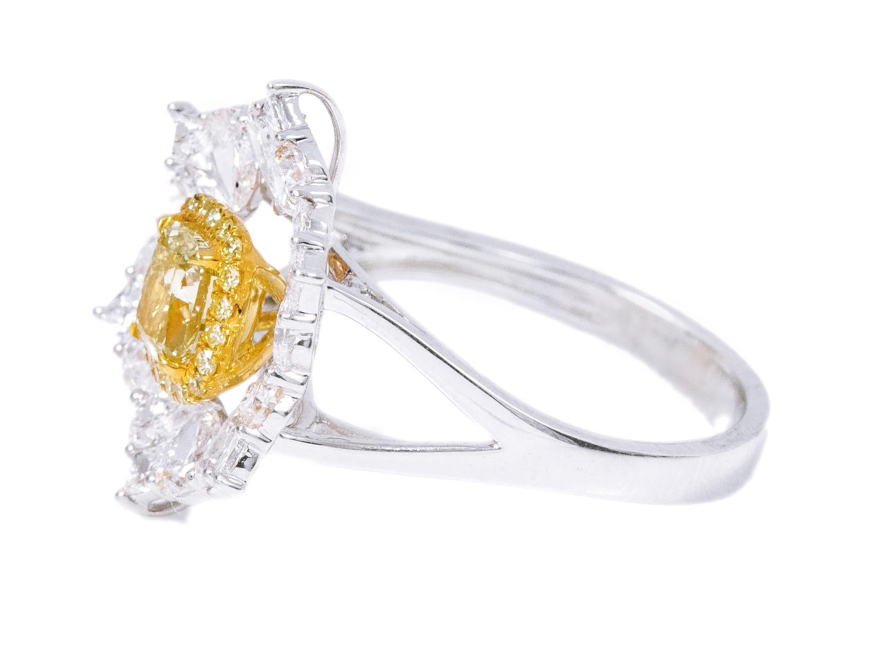 Women's 18 Karat Gold 2.33 Carat Fancy Yellow and Diamond Solitaire Cocktail Ring For Sale