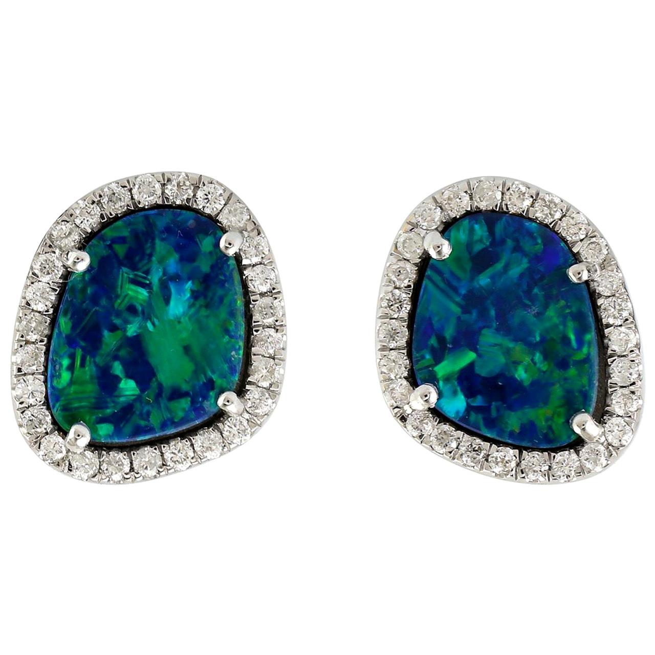 18 Karat Gold 2.35 Carat Opal Diamond Stud Earrings