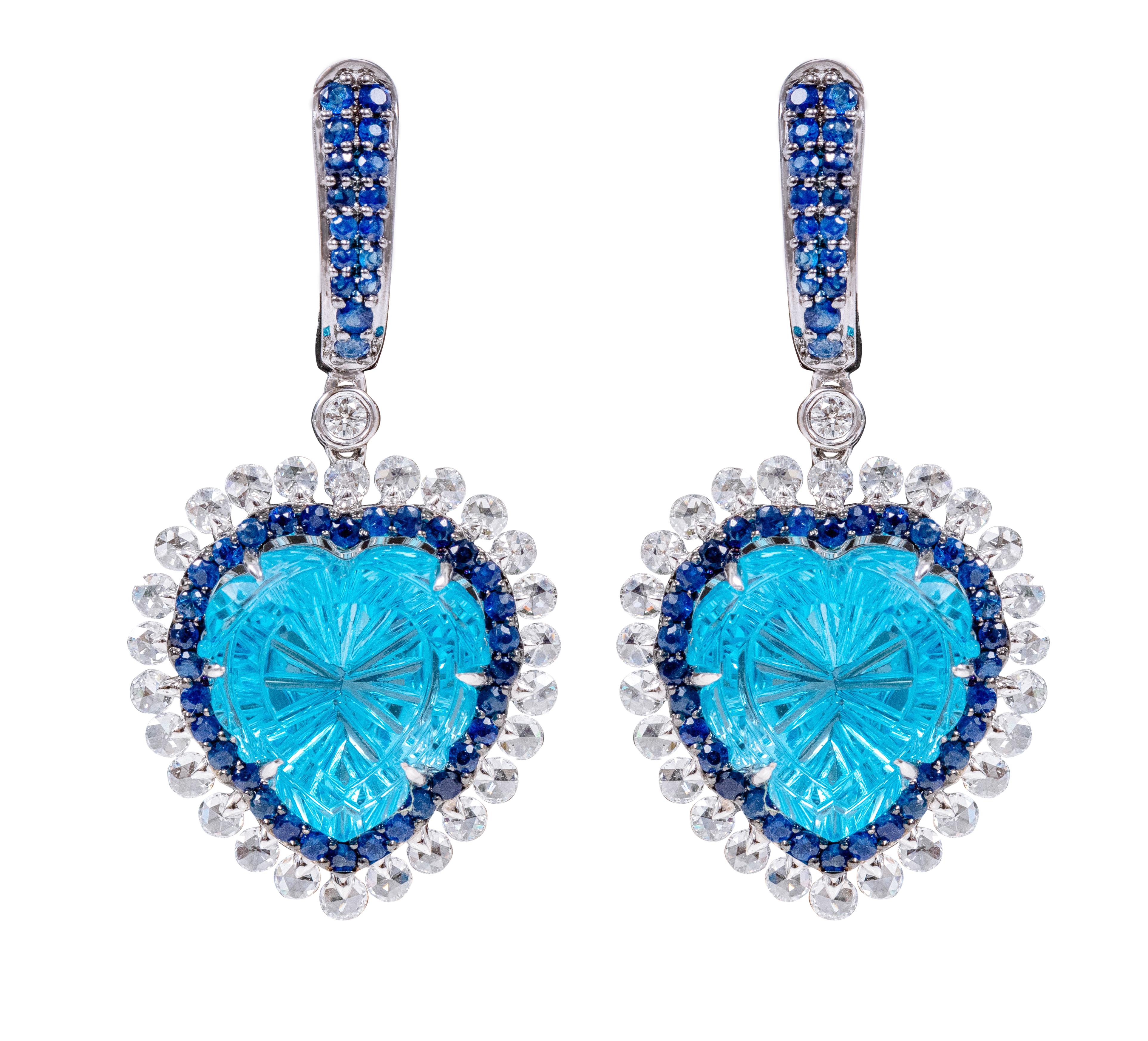 Heart Cut 18 Karat Gold 23.67 Carat Diamond, Blue-Topaz, and Sapphire Heart-Shape Earrings For Sale