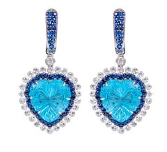 18 Karat Gold 23.67 Carat Diamond, Blue-Topaz, and Sapphire Heart-Shape Earrings