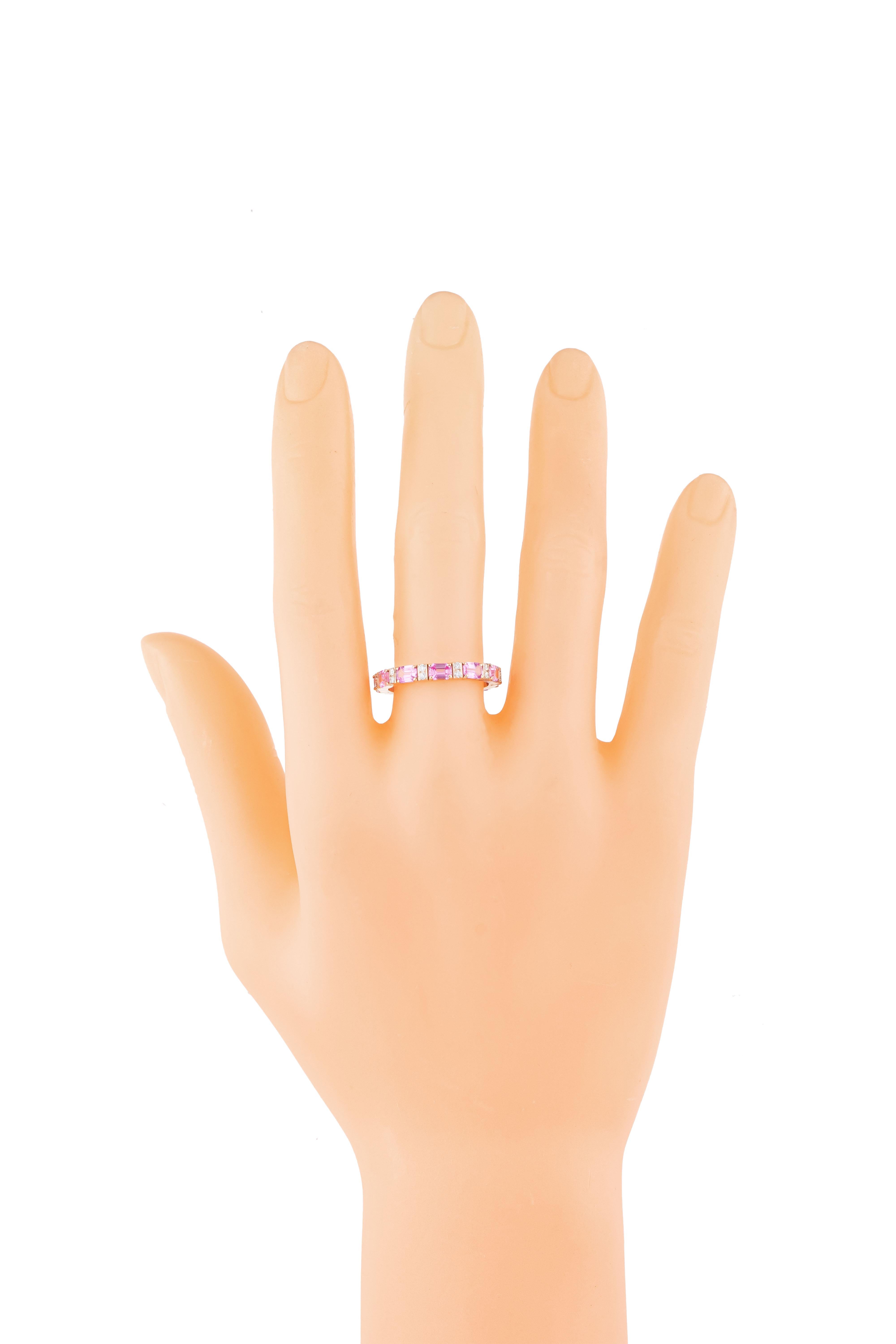 Immerse yourself in the timeless elegance of our 18 Karat Gold 2.39 Carat Diamond and Pink Sapphire Infinity Ring – a captivating symbol of everlasting love and sophistication. Each ring is meticulously crafted and curated to embody the perfect