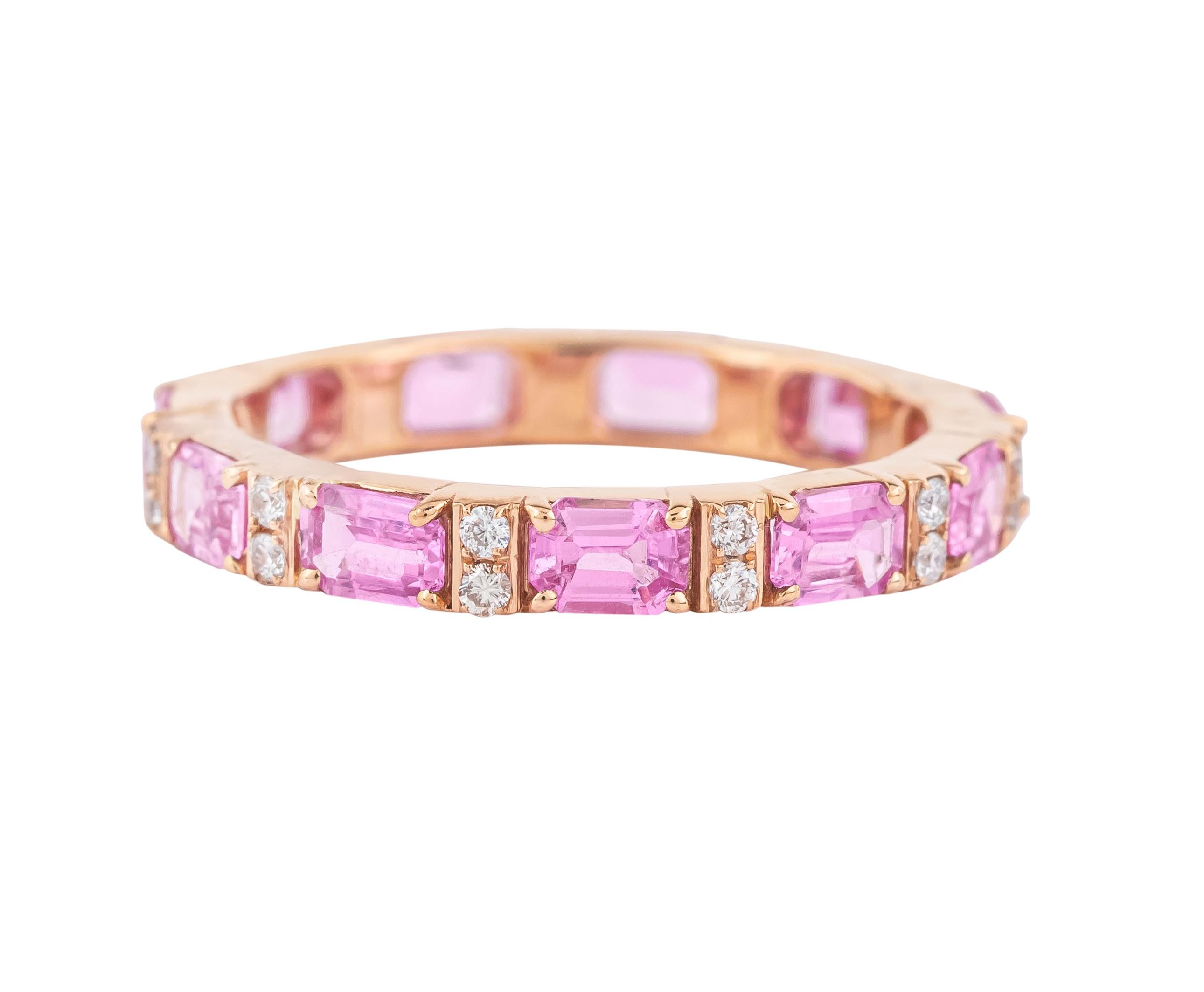 Emerald Cut 18 Karat Gold 2.39 Carat Diamond and Pink Sapphire Infinity Ring For Sale