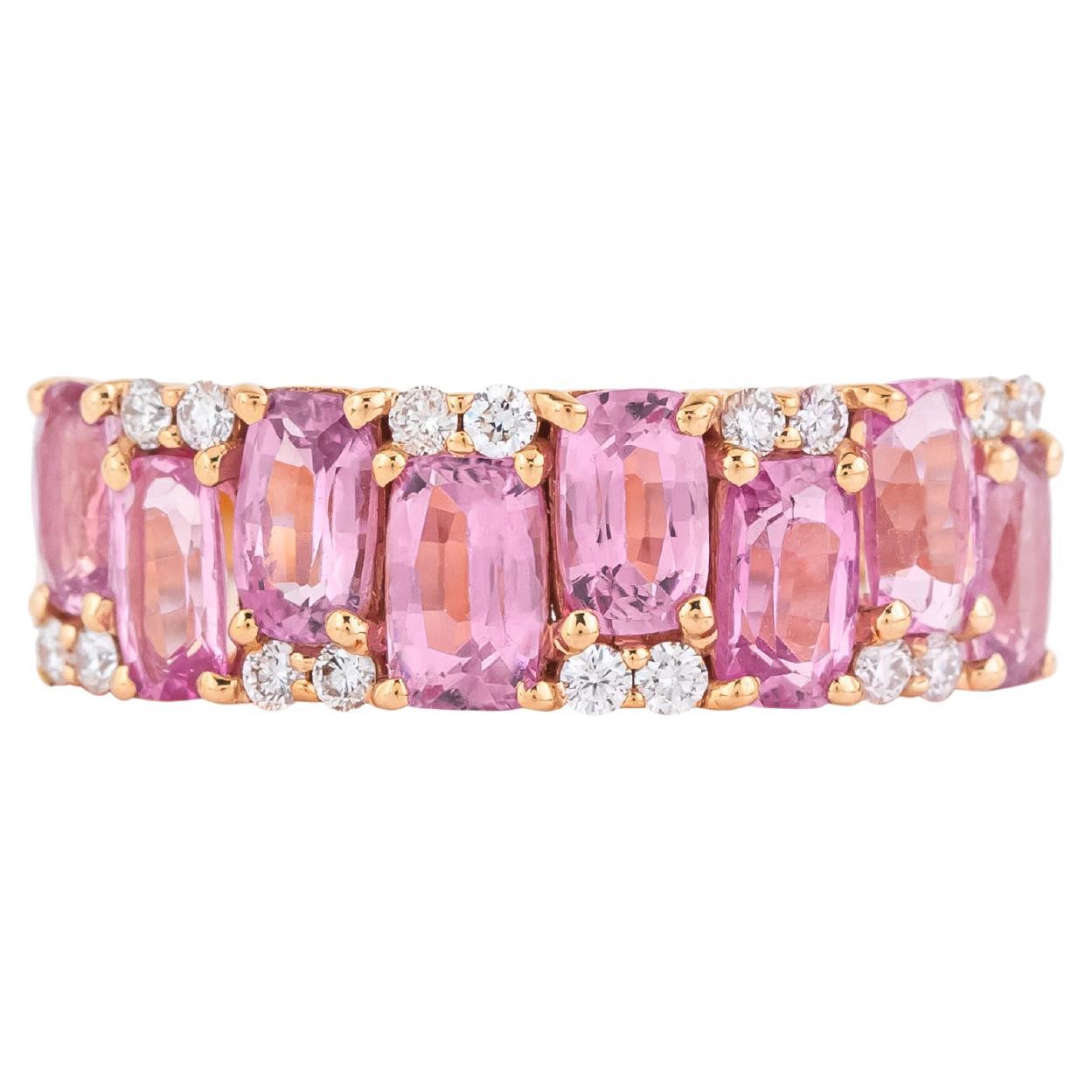 Cushion Cut 18 Karat Gold 2.48 Carat Diamond and Pink Sapphire Infinity Ring For Sale