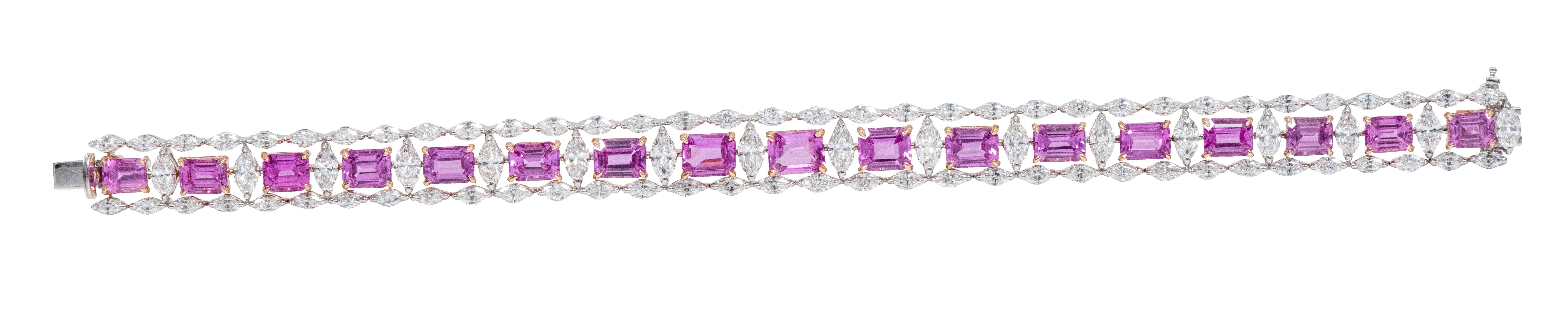 18 Karat Gold 24.80 Carat Pink Sapphire and Solitaire Diamonds Contemporary Style Bracelet

This impressive vivid deep pink and diamond solitaire tennis bracelet is incredulous. The solitaire emerald cut horizontally placed pink sapphires in rose
