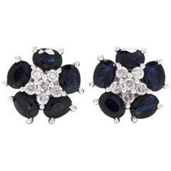 18 Karat Gold 2.5 Carat Blue Sapphire and .22 Carat Diamond Flower Stud Earrings