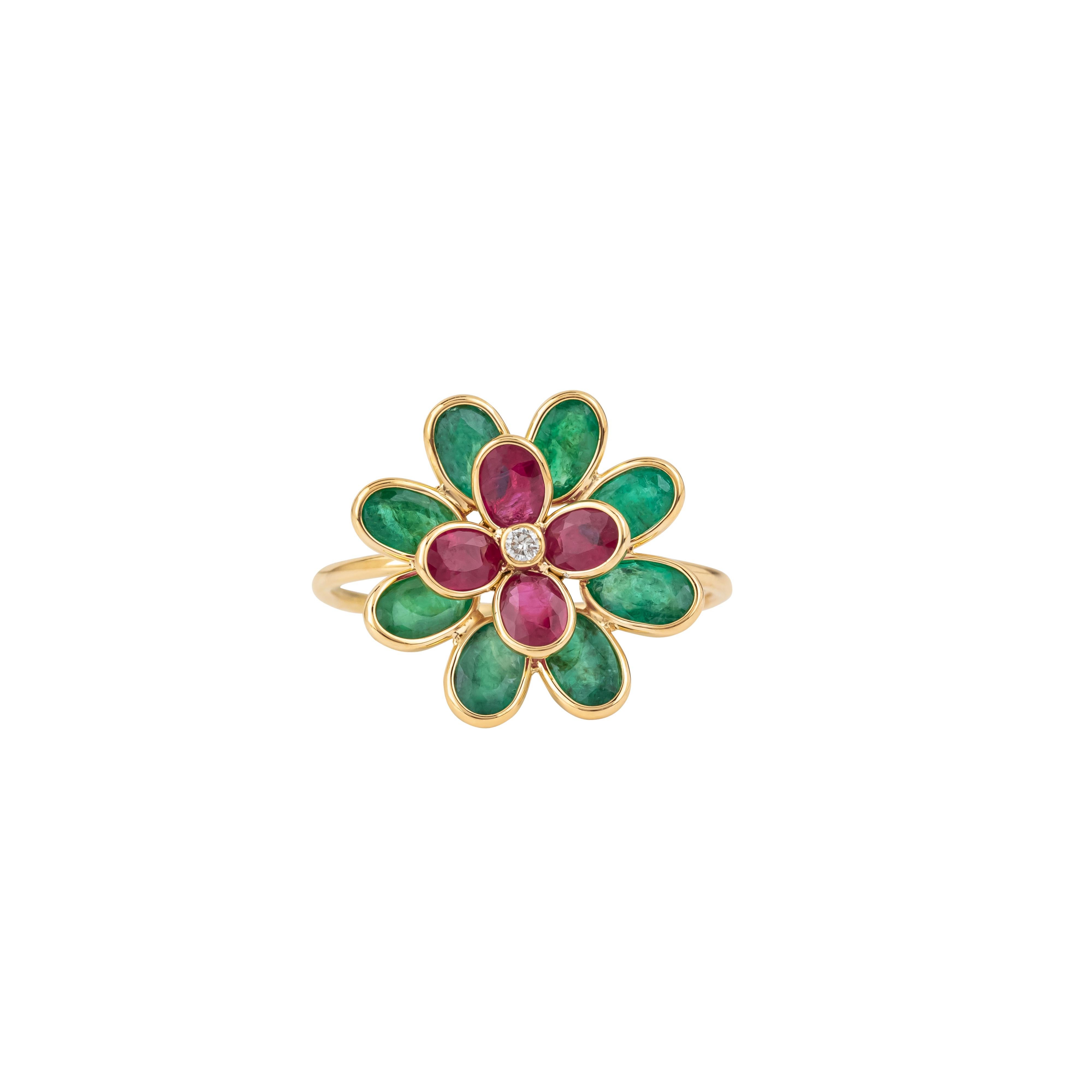 Blumenring aus 18 Karat Gold 2,52 Karat Diamant, Rubin und Smaragd (Zeitgenössisch) im Angebot