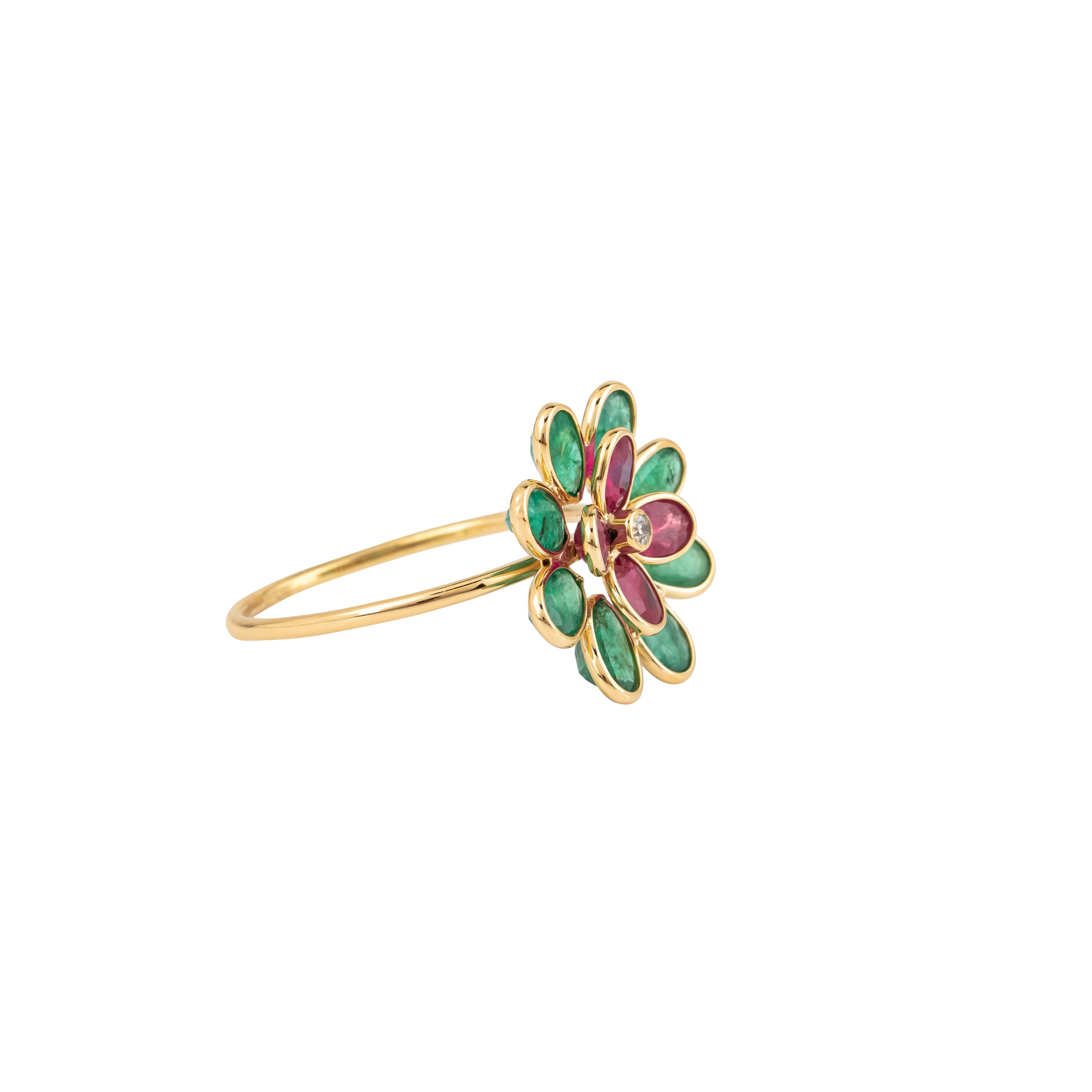 Blumenring aus 18 Karat Gold 2,52 Karat Diamant, Rubin und Smaragd (Brillantschliff) im Angebot