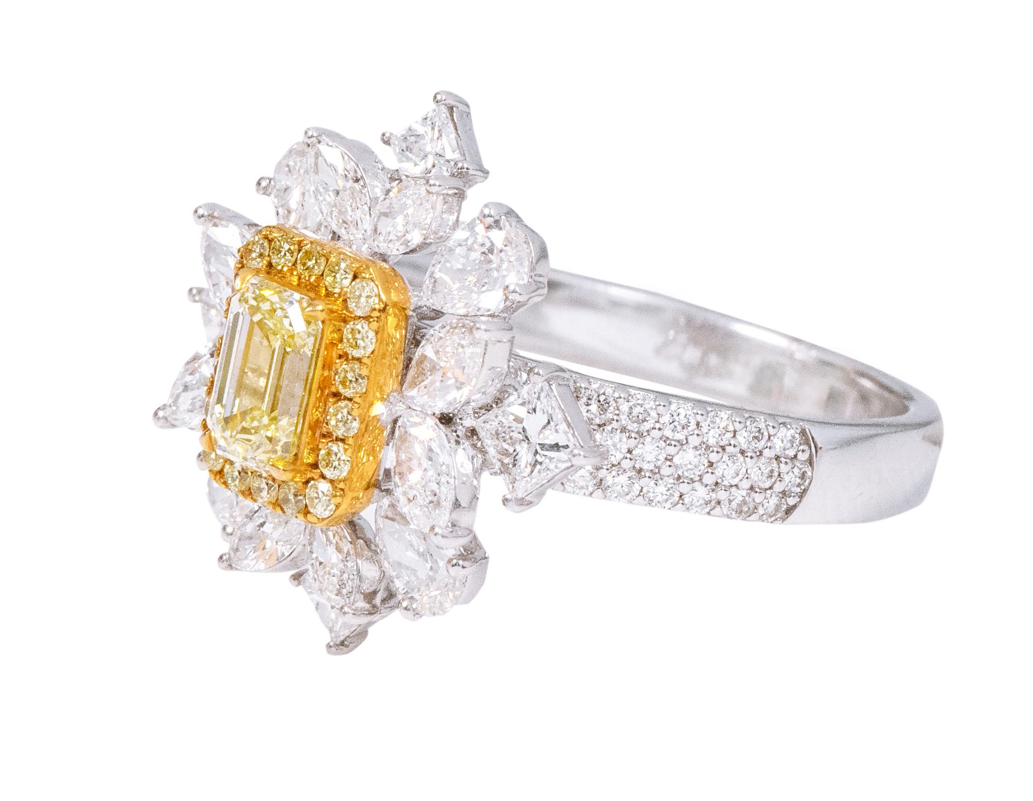 Contemporary 18 Karat Gold 2.54 Carat Fancy Yellow and Diamond Solitaire Cluster Modern Ring For Sale