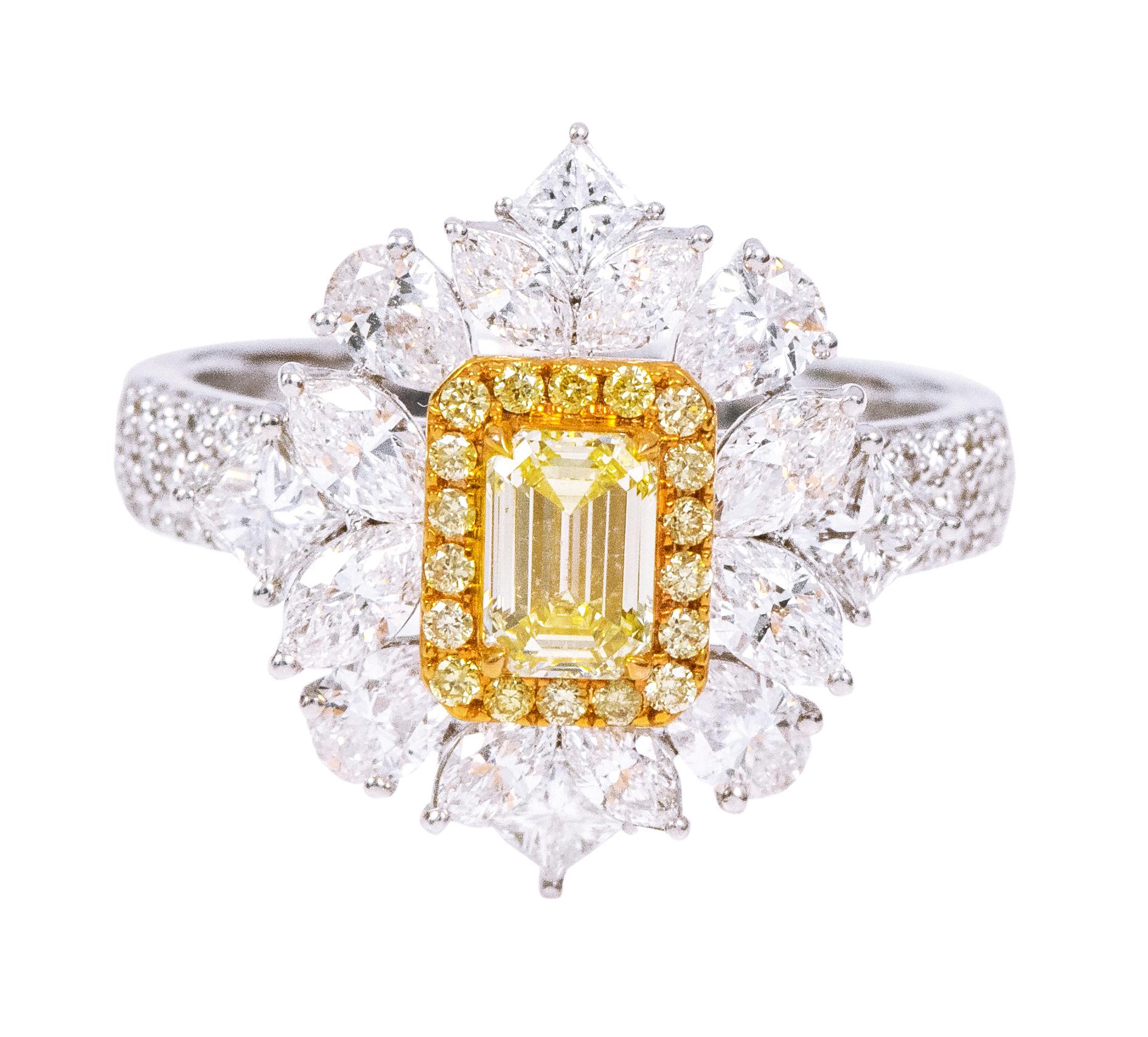 Emerald Cut 18 Karat Gold 2.54 Carat Fancy Yellow and Diamond Solitaire Cluster Modern Ring For Sale
