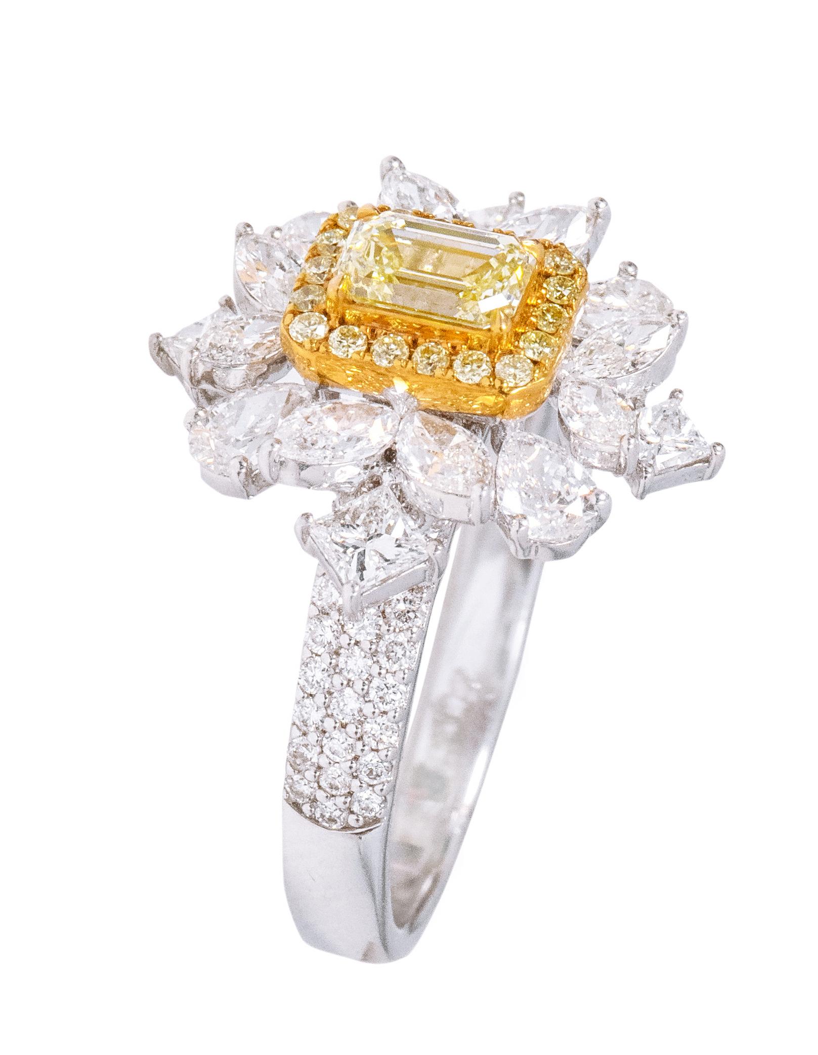 Women's 18 Karat Gold 2.54 Carat Fancy Yellow and Diamond Solitaire Cluster Modern Ring For Sale