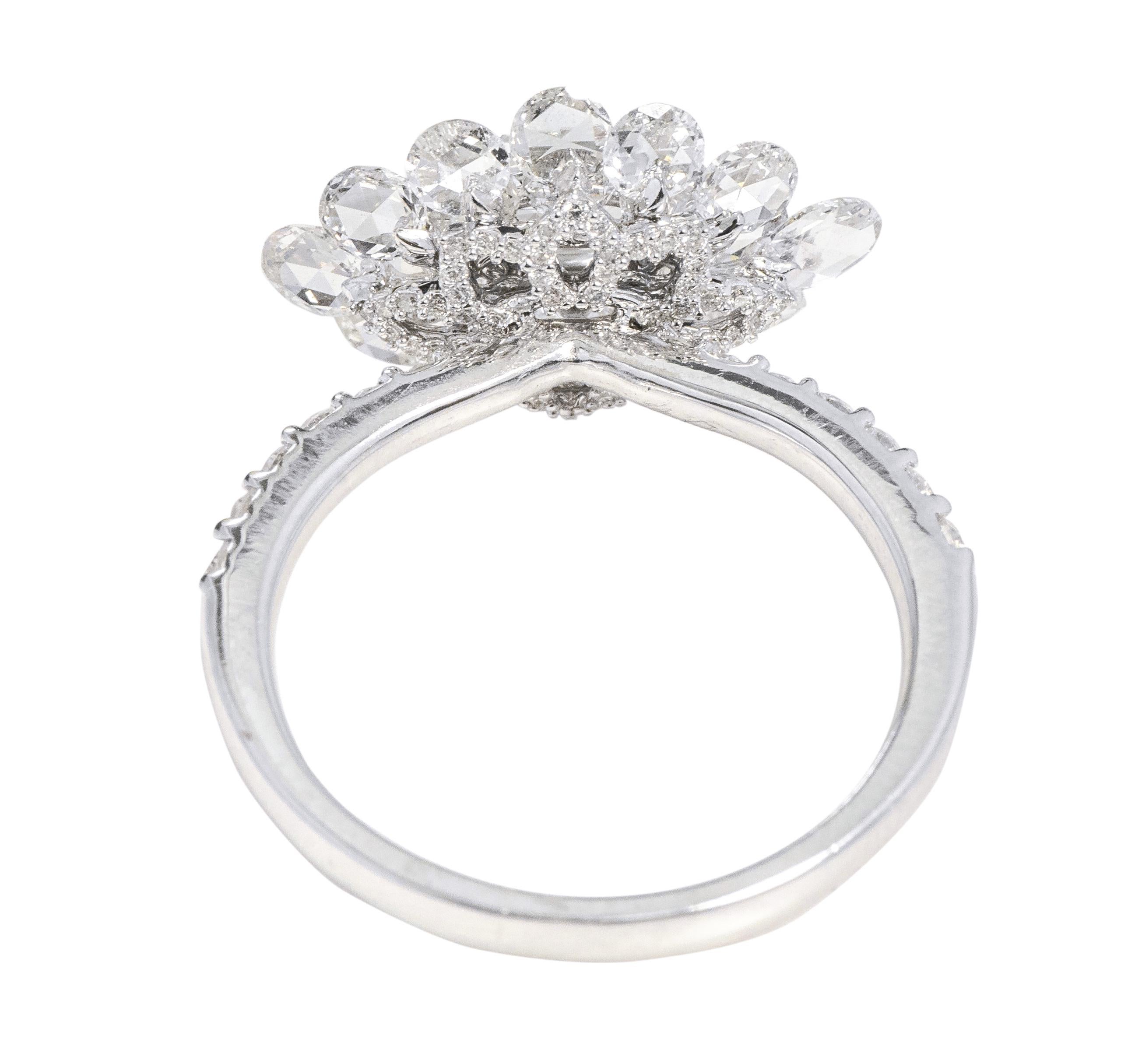 18 Karat White Gold 2.55 Carat Rose-Cut and Full-Cut Diamond Bridal Ring

This impeccable cocktail diamond rose-cut solitaire ring is a prolific design. The ring sets itself apart with the exquisite oval shape rose-cut solitaire diamonds surrounded