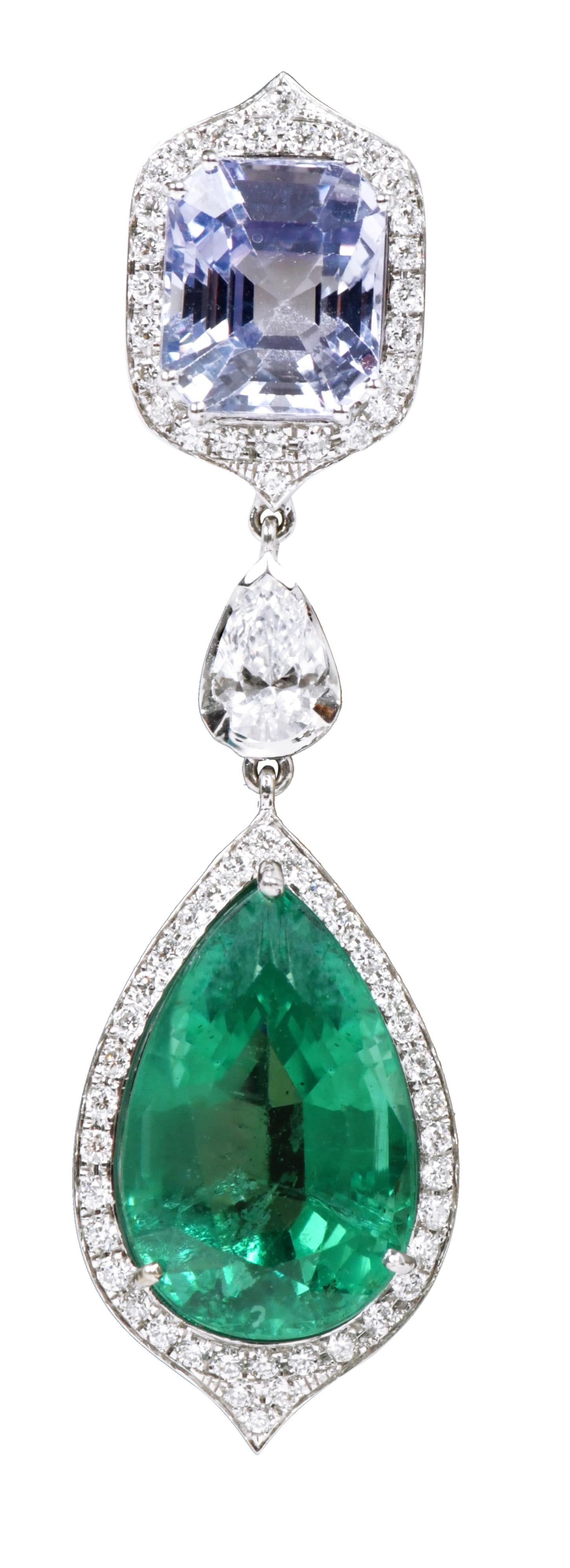 Pear Cut 18 Karat Gold 25.52 Carats Natural Emerald, Sapphire and Diamond Drop Earrings For Sale