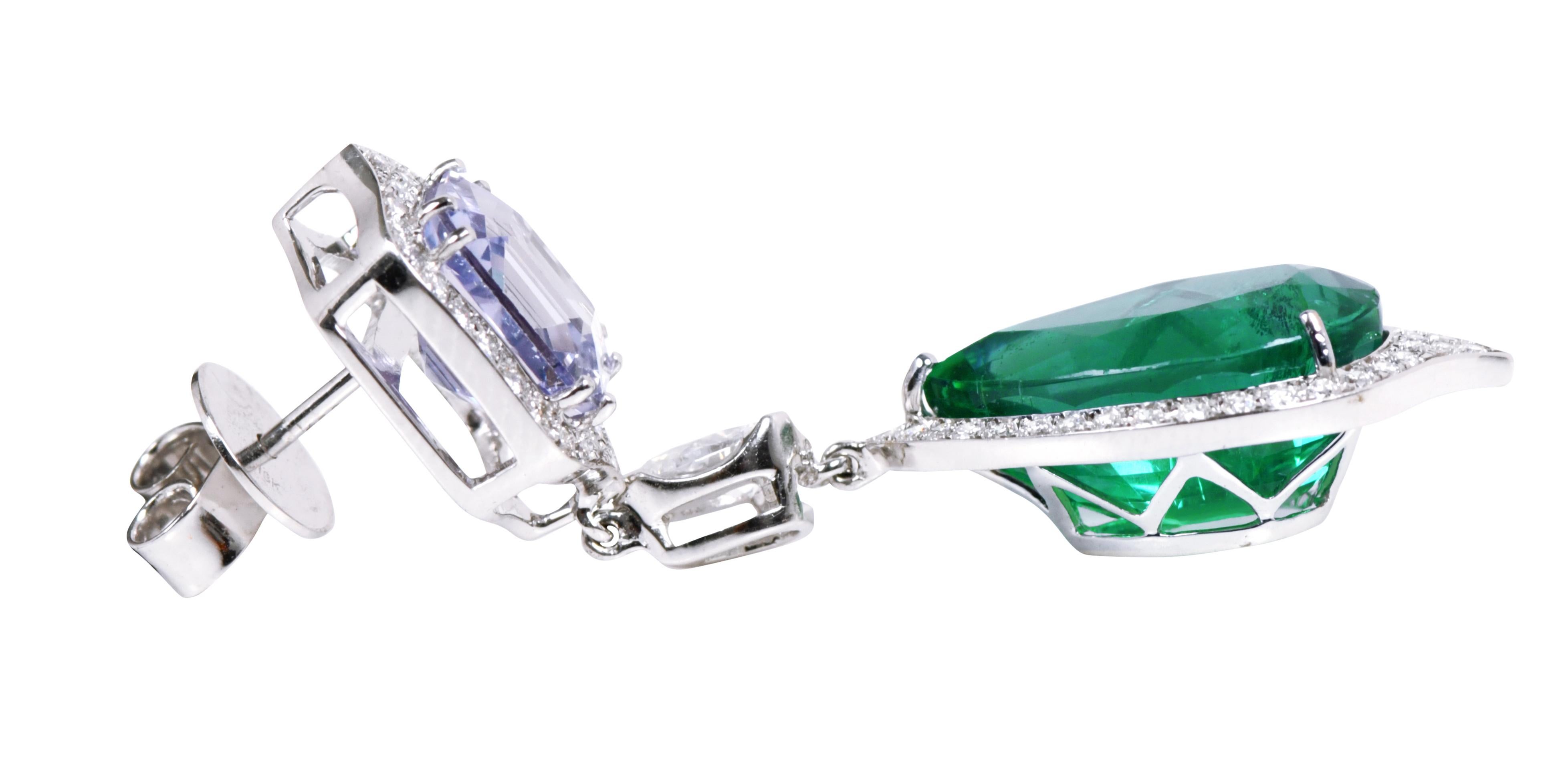 18 Karat Gold 25.52 Carats Natural Emerald, Sapphire and Diamond Drop Earrings For Sale 2