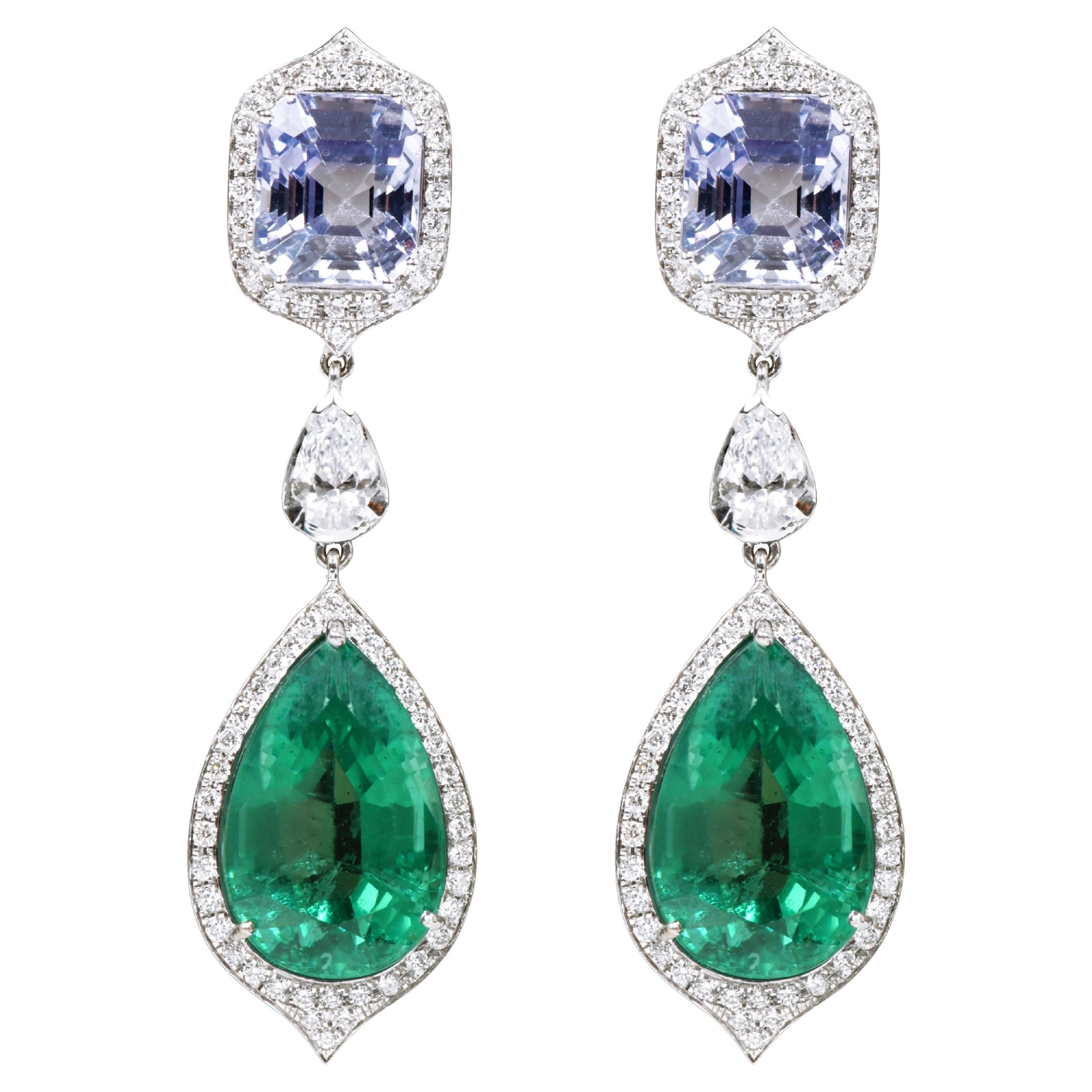 18 Karat Gold 25.52 Carats Natural Emerald, Sapphire and Diamond Drop Earrings For Sale