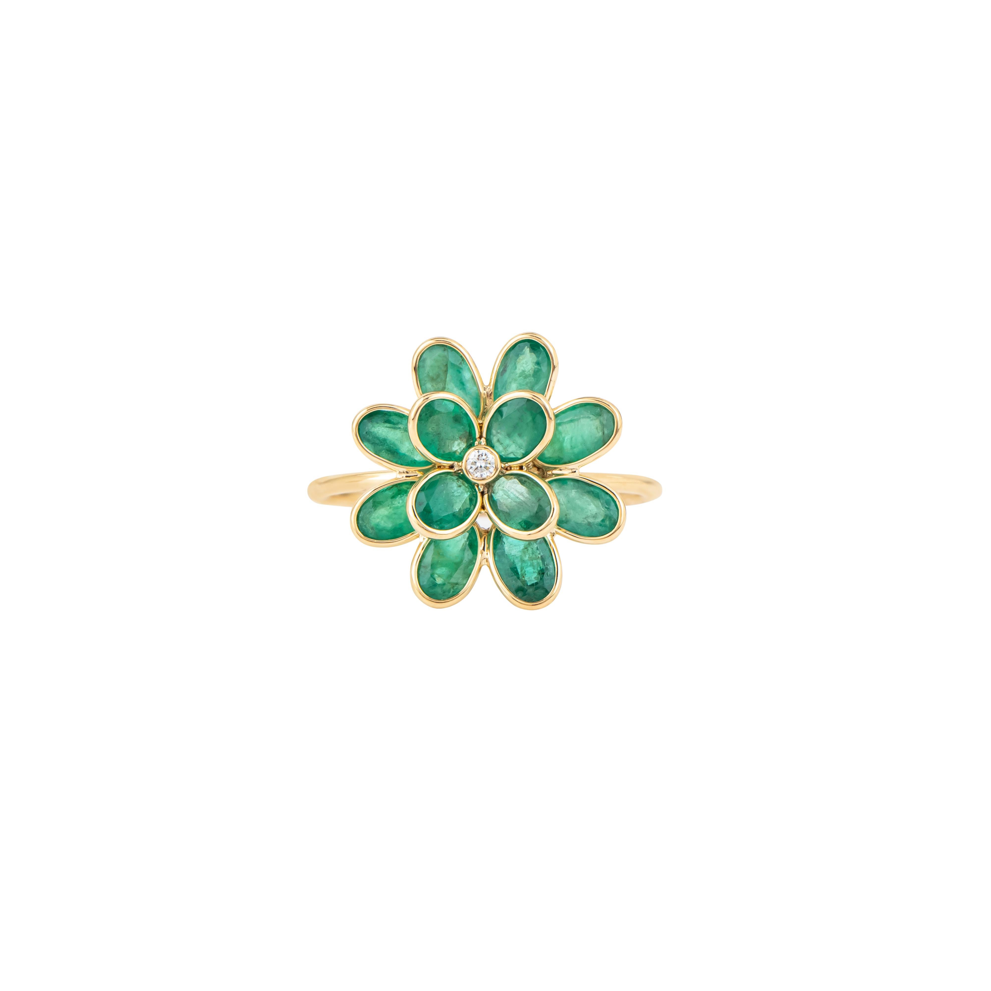 A stunning tribute to nature’s elegance, the 18 Karat Gold 2.57 Carat Diamond and Emerald Flower Ring is a harmonious blend of luxury and artistry. The design centers around a captivating floral motif, where radiant diamonds and rich emeralds come