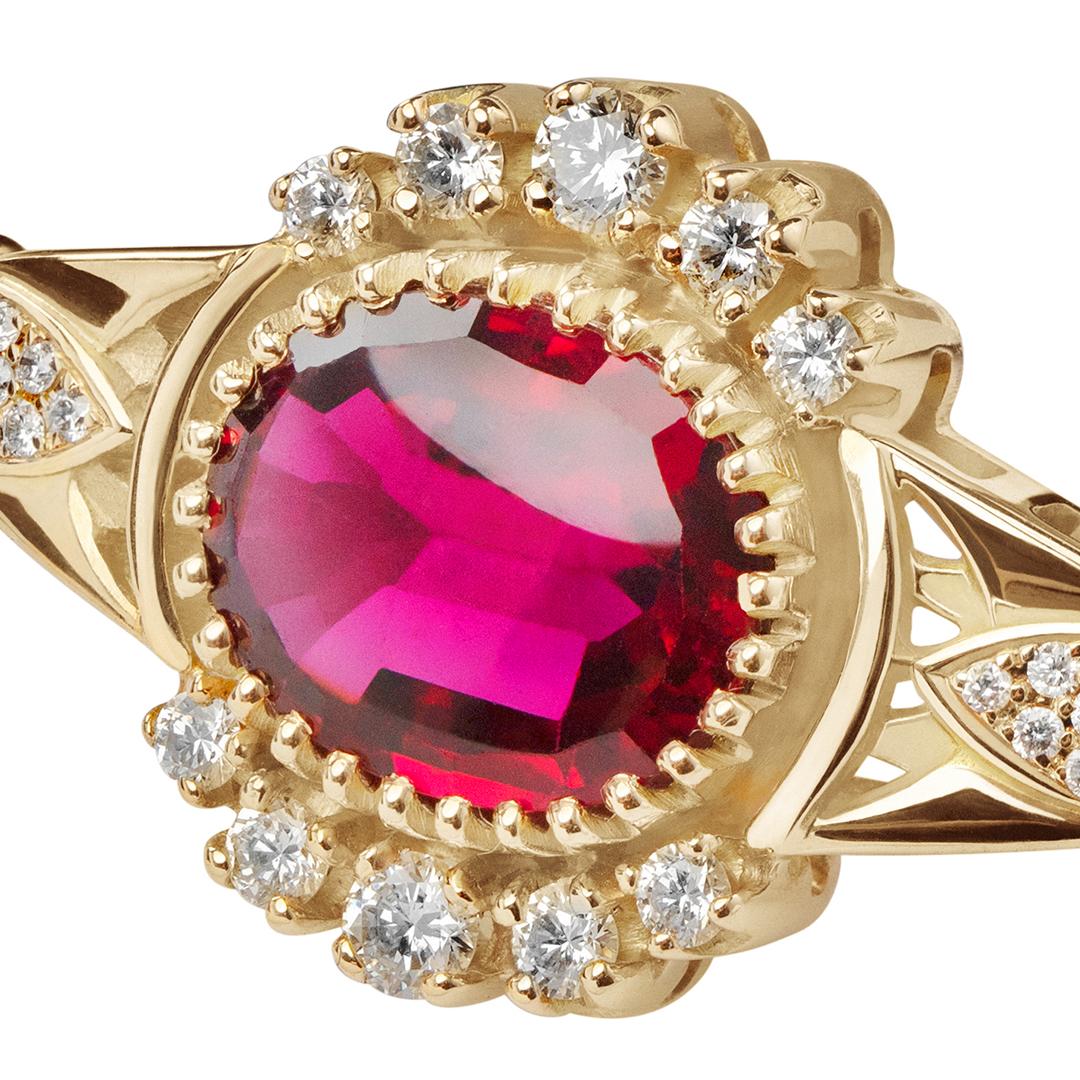 Handcrafted in our Cairo workshop, this delicate bracelet features a Cabochon-cut 2.60 carat Rubellite, embellished with round brilliant-cut Rubies (0.72 carats) and Diamonds (0.37cts). Adorned with a classic Azza Fahmy motif of the Lotus Blossom -