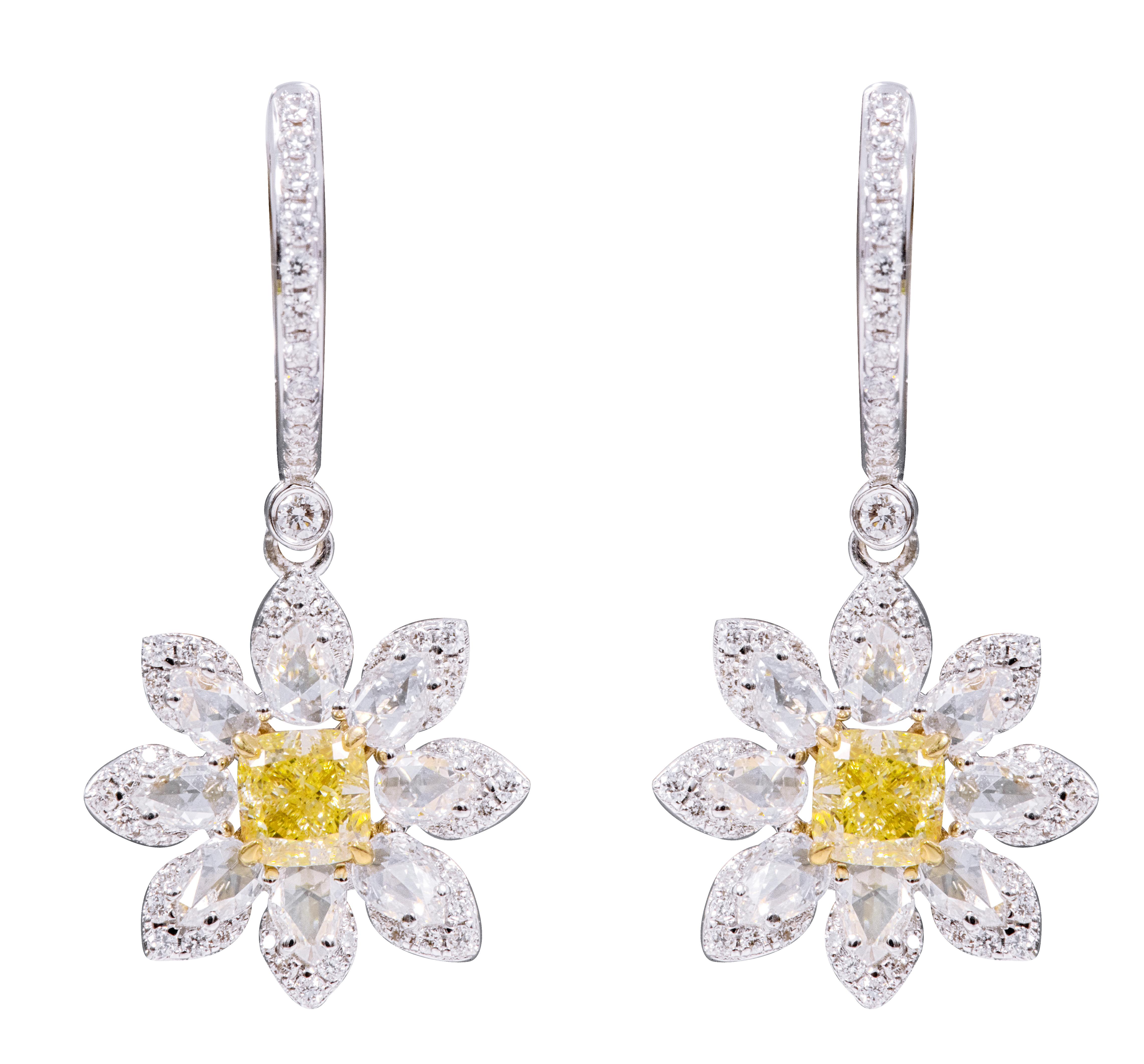 Cushion Cut 18 Karat Gold 2.61 Carat Yellow and White Diamond Flower Drop Earrings For Sale