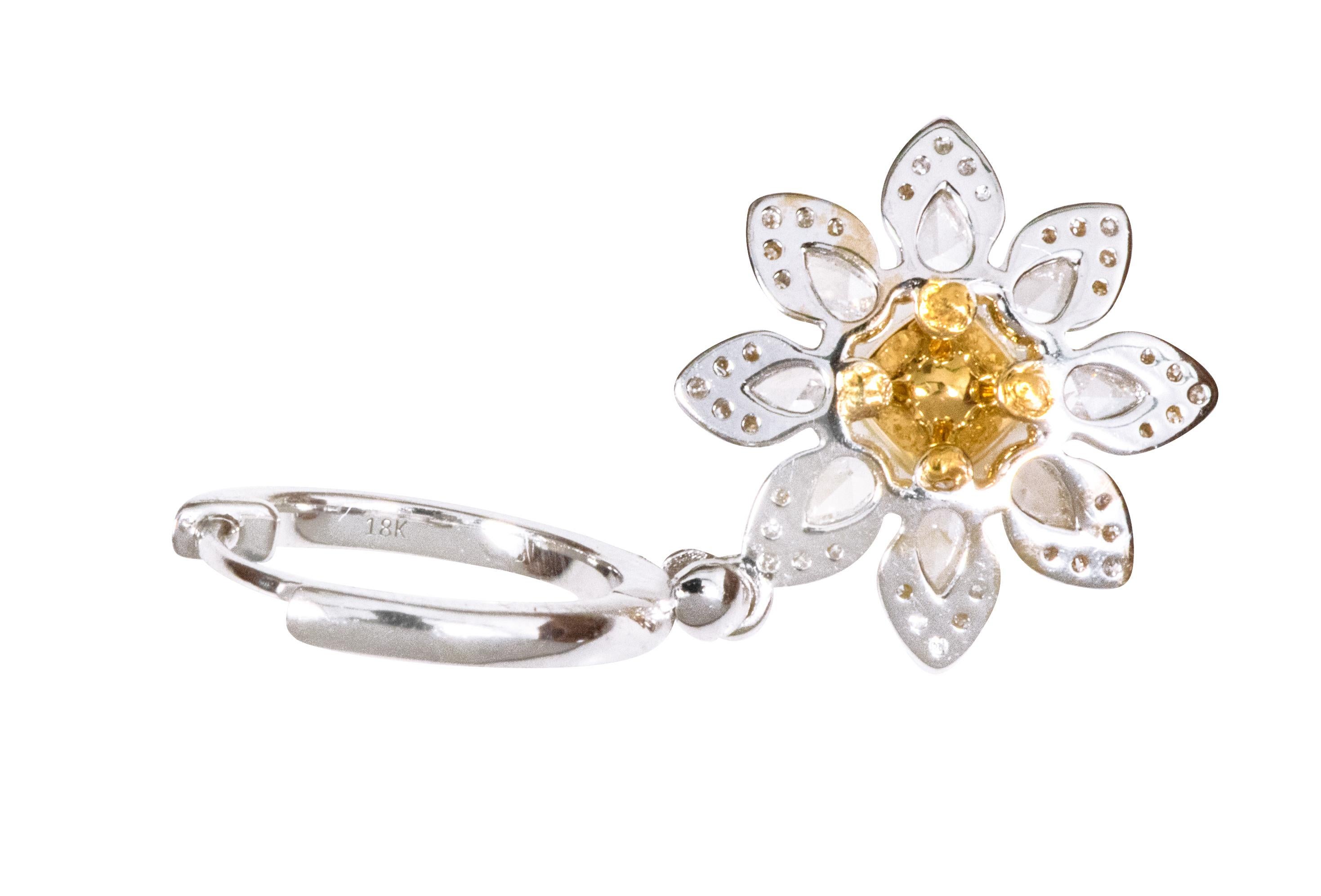 18 Karat Gold 2.61 Carat Yellow and White Diamond Flower Drop Earrings For Sale 3