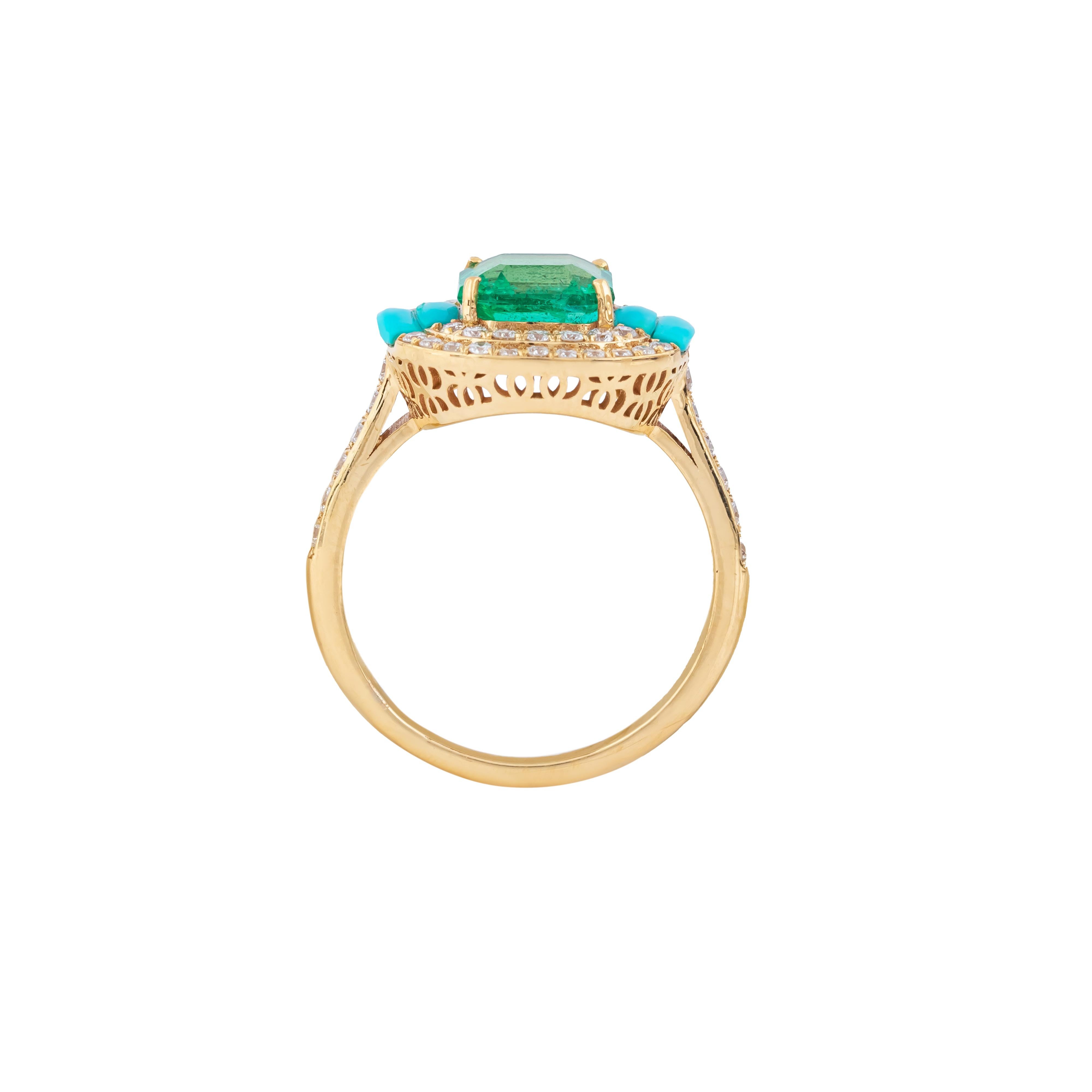Brilliant Cut 18 Karat Gold 2.65 Carat Diamond, Emerald and Turquoise Fashion Ring For Sale