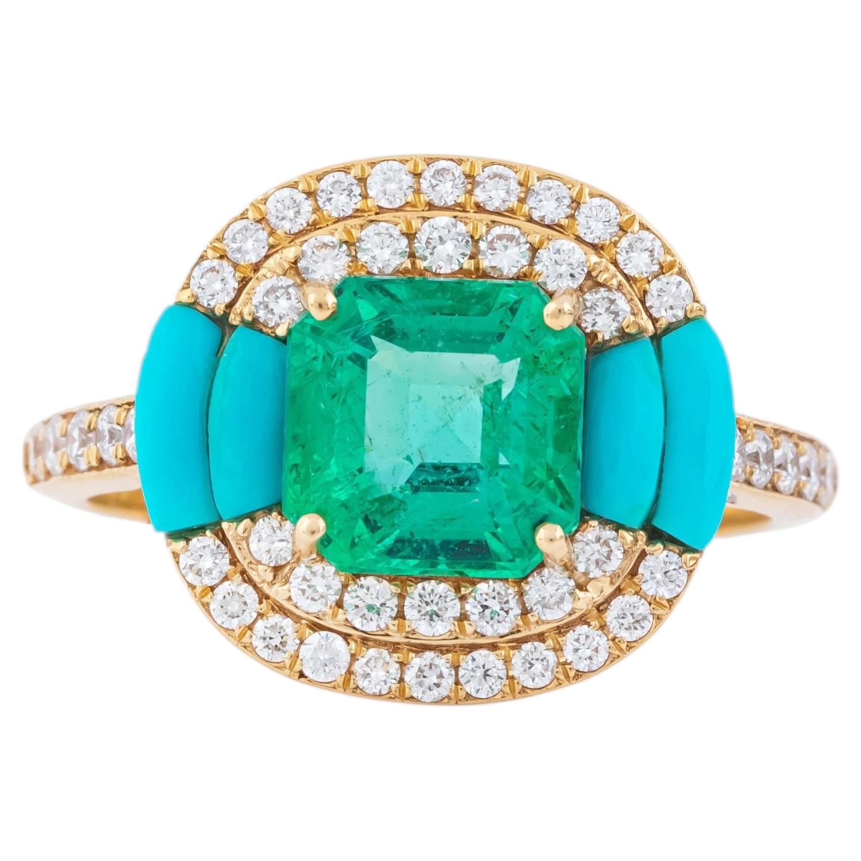 Anillo de moda de oro de 18 quilates con diamante de 2,65 quilates, esmeralda y turquesa