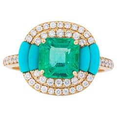 18 Karat Gold 2.65 Carat Diamond, Emerald and Turquoise Fashion Ring