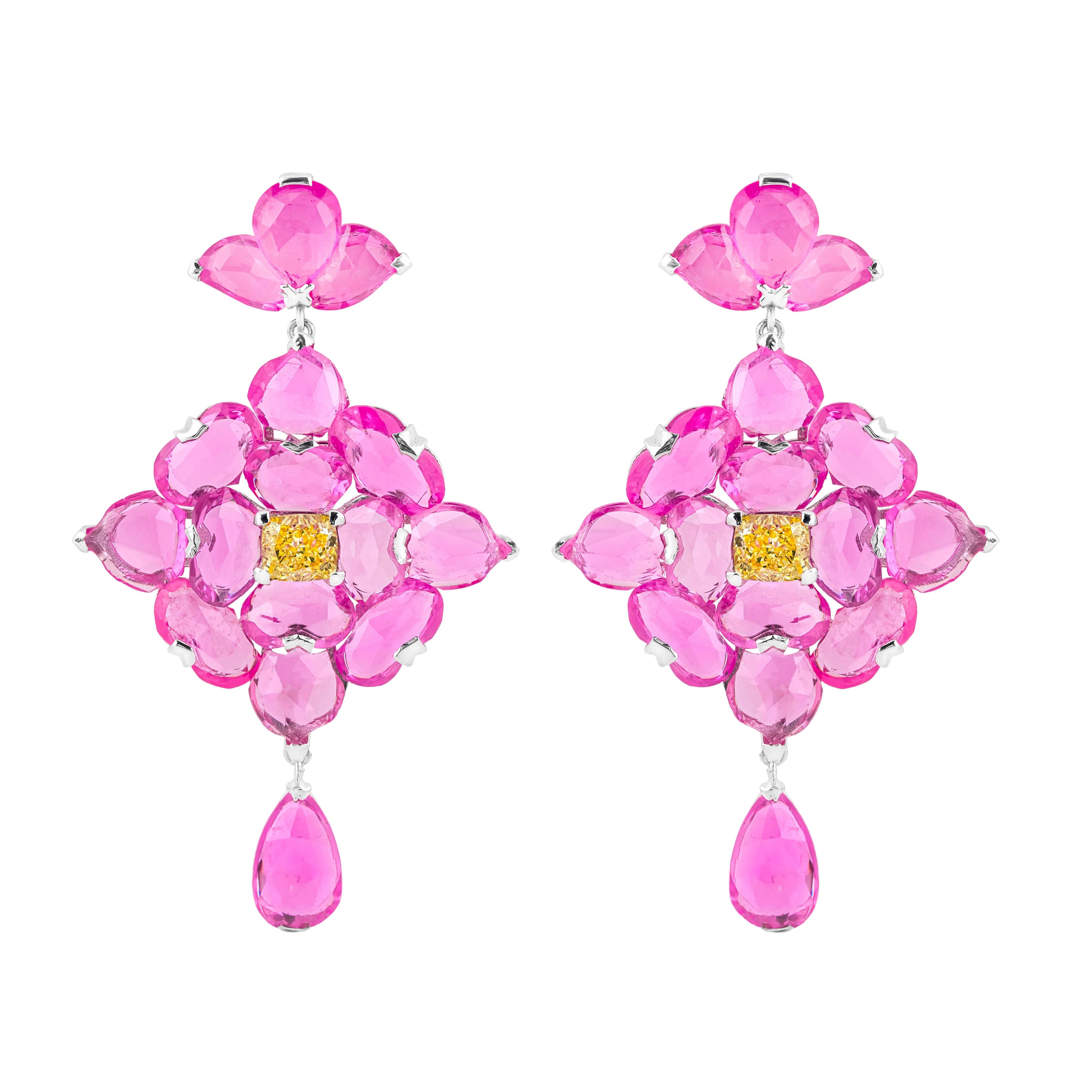 Women's 18 Karat Gold 26.5 Carat Pink Sapphire & Yellow Diamond Drop Earrings For Sale