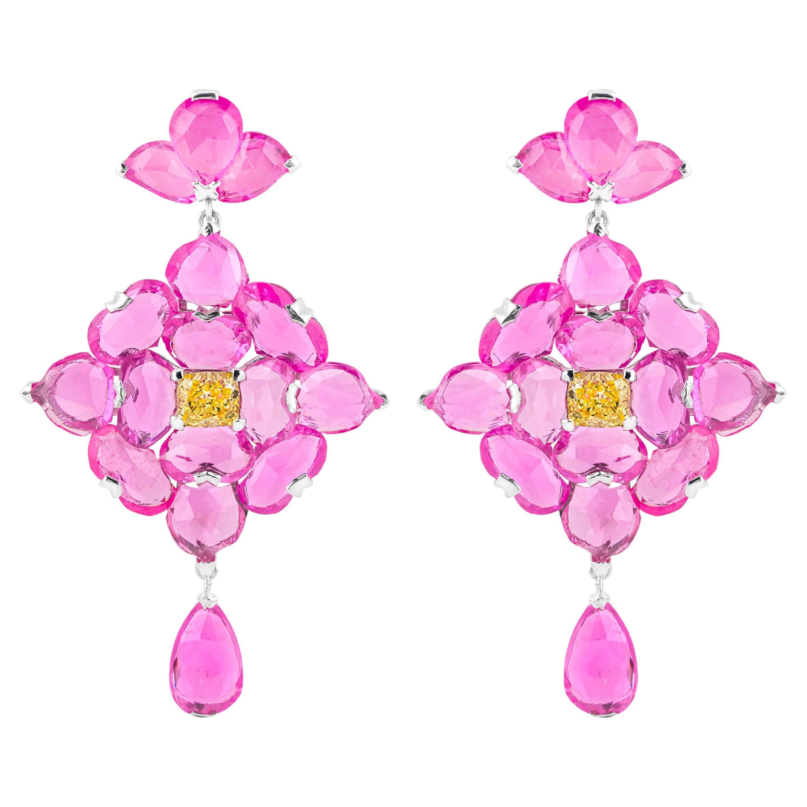18 Karat Gold 26.5 Carat Pink Sapphire & Yellow Diamond Drop Earrings