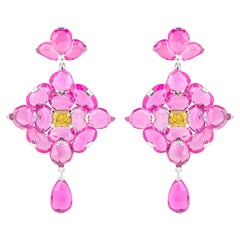 18 Karat Gold 26.5 Carat Pink Sapphire & Yellow Diamond Drop Earrings