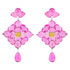 18 Karat Gold 26.5 Carat Pink Sapphire & Yellow Diamond Drop Earrings