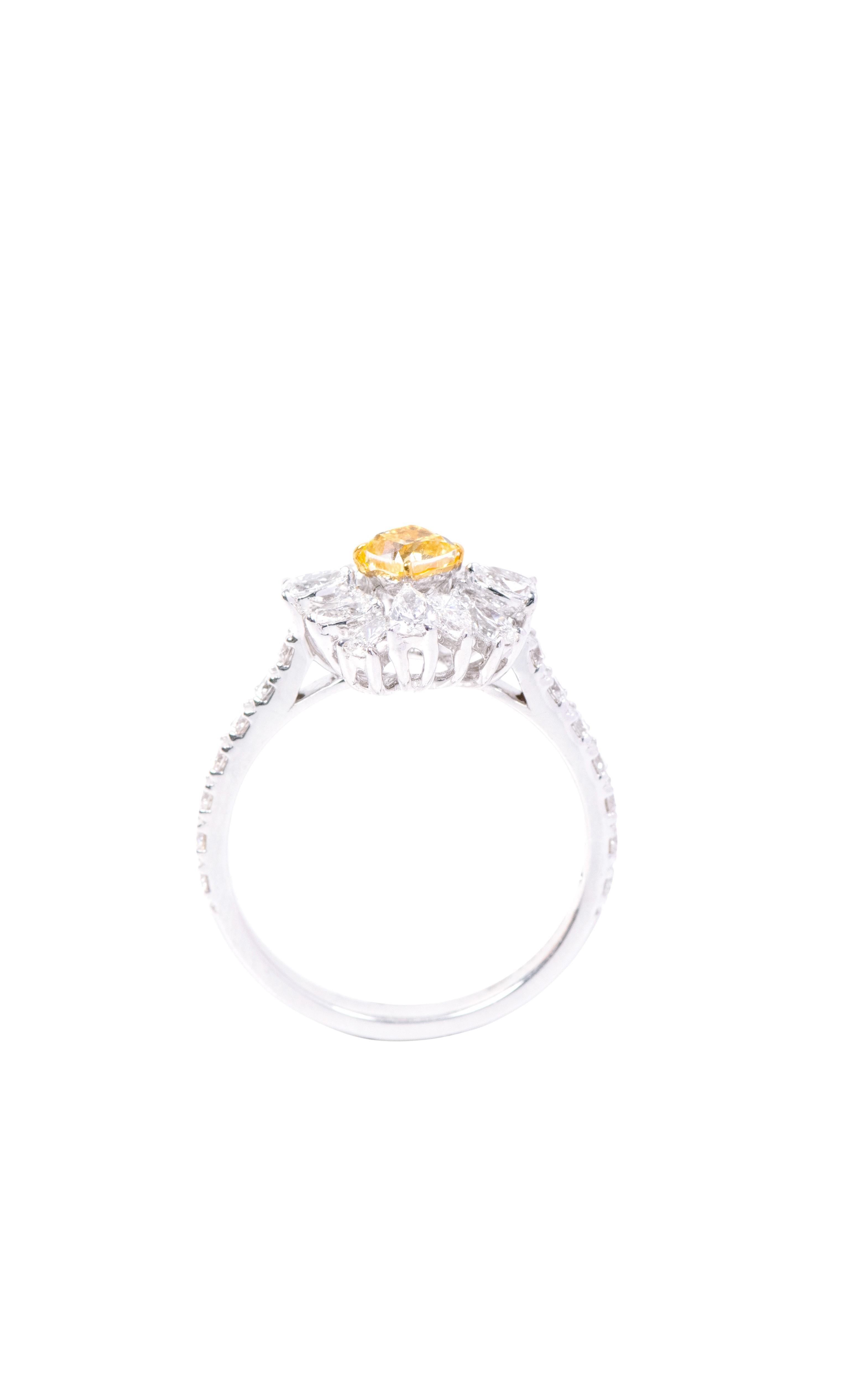 Welcome to the epitome of elegance—the 18 Karat Gold 2.706 Carat Fancy Yellow Diamond and Diamond Flower Ring. Our skilled artisans have meticulously crafted this piece, ensuring that each ring is a unique representation of timeless beauty.

At the