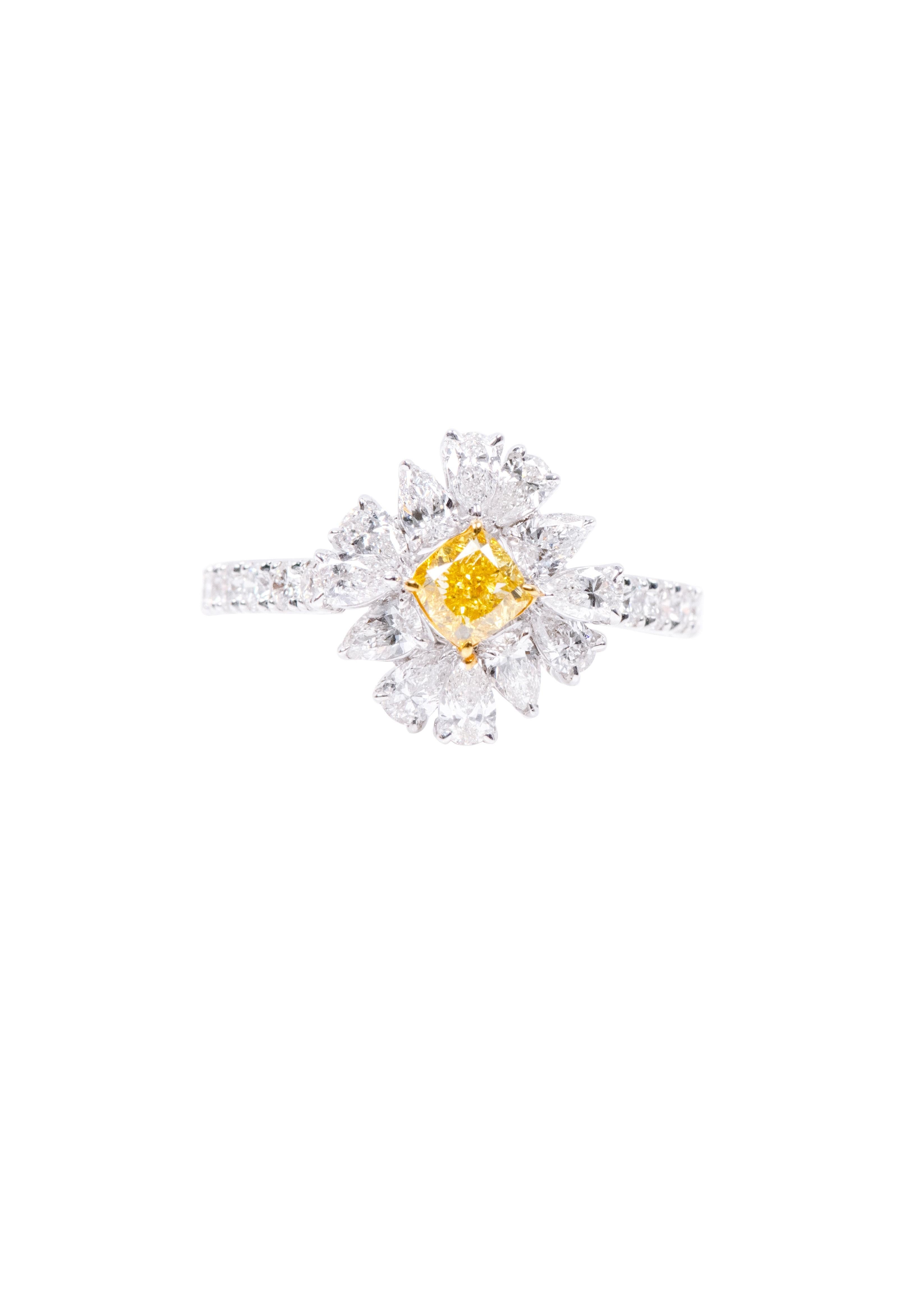 Modern 18 Karat Gold 2.706 Carat Fancy Yellow Diamond and Diamond Flower Ring  For Sale