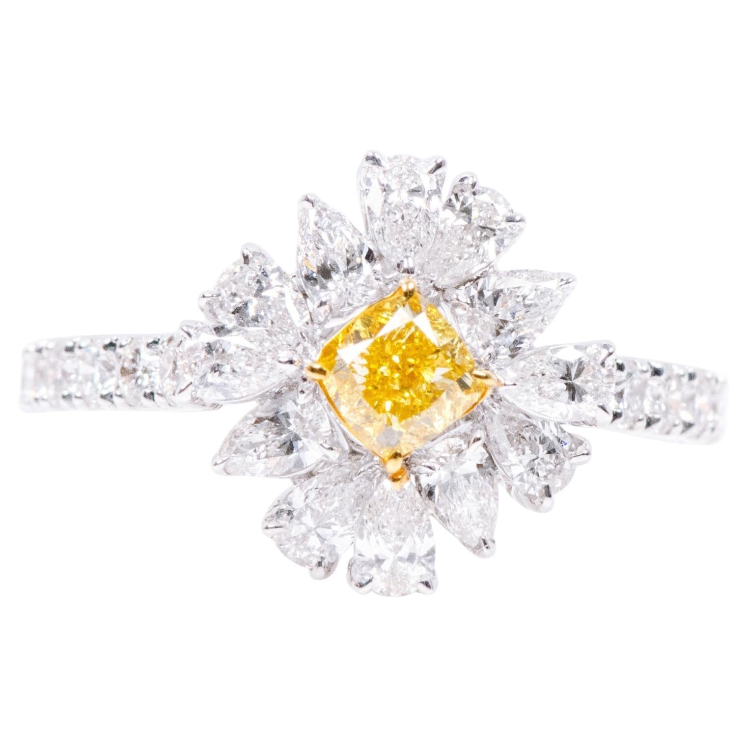 18 Karat Gold 2.706 Carat Fancy Yellow Diamond and Diamond Flower Ring 