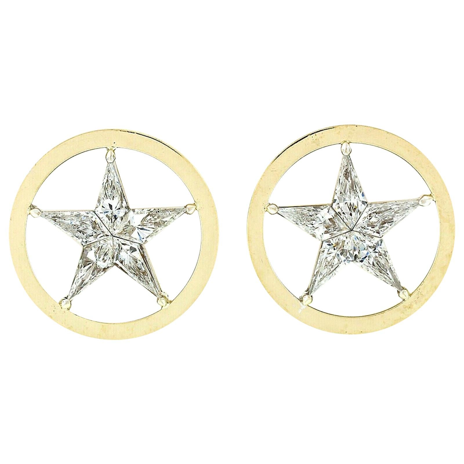 Clous d'oreilles ouvertes en or 18 carats avec étoile flottante et diamants ronds de 2,75 carats taille cerf-volant